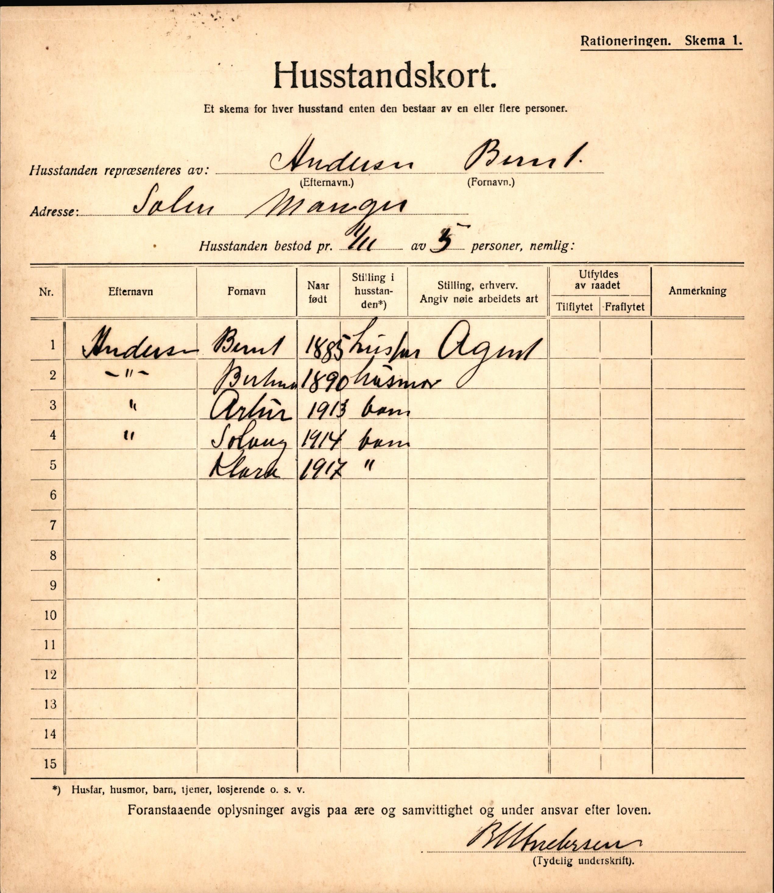IKAH, Manger kommune, Provianteringsrådet, Husstander per 01.11.1917, 1917, p. 1