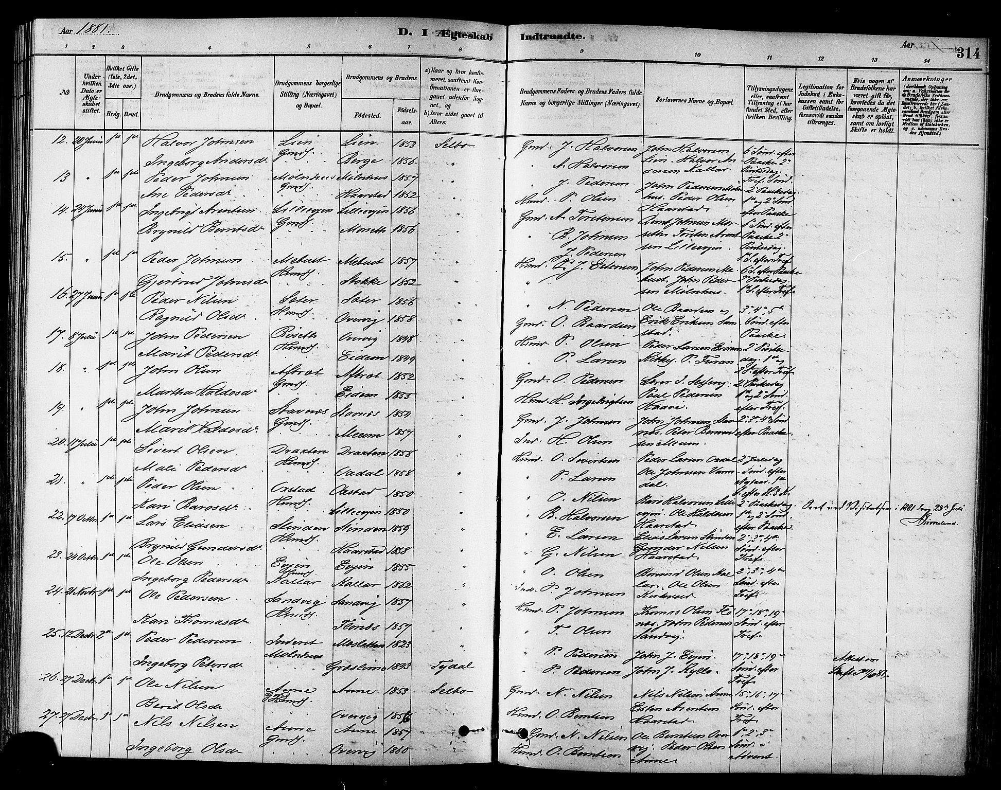 Ministerialprotokoller, klokkerbøker og fødselsregistre - Sør-Trøndelag, SAT/A-1456/695/L1148: Parish register (official) no. 695A08, 1878-1891, p. 314