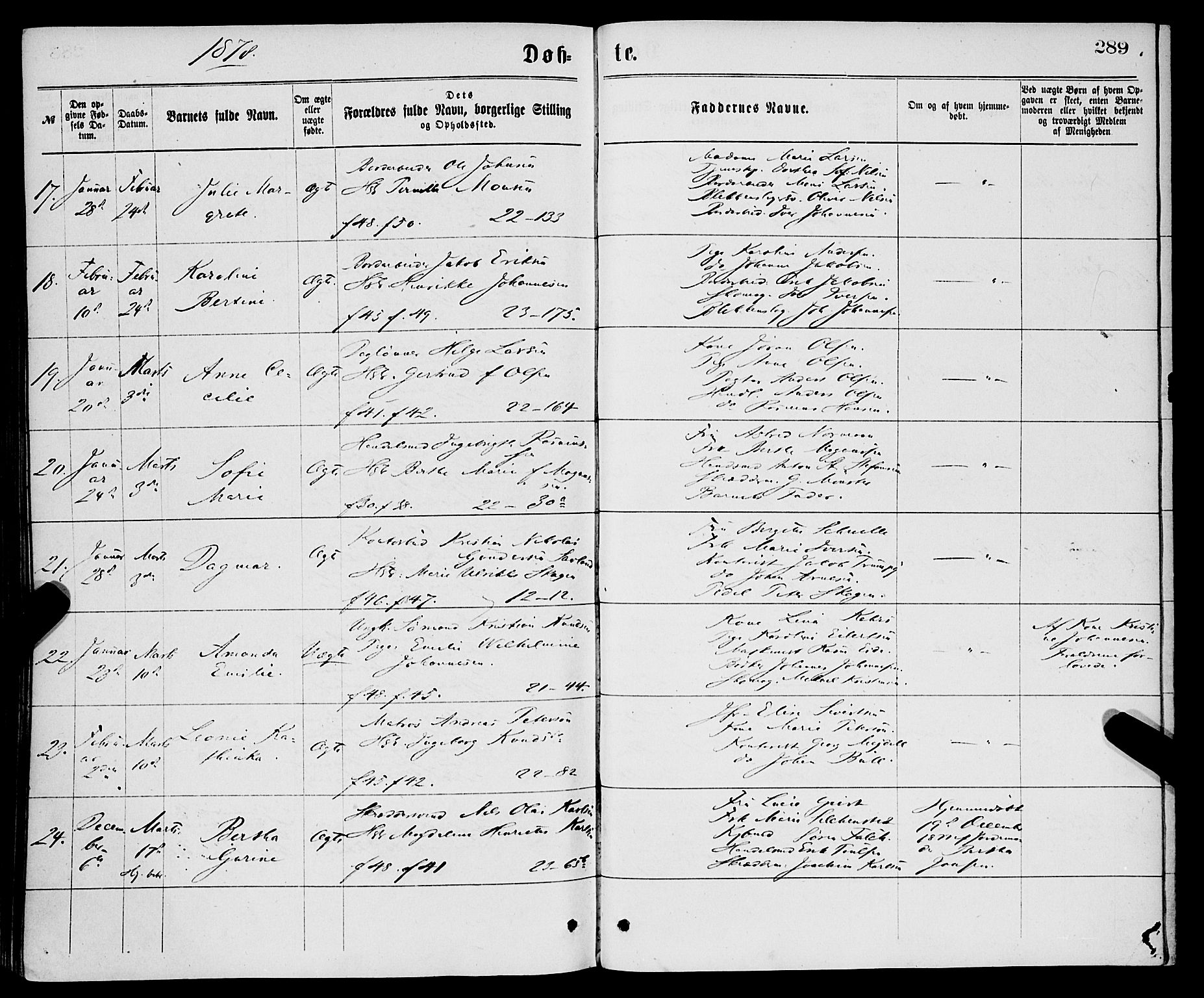 Korskirken sokneprestembete, AV/SAB-A-76101/H/Haa/L0020: Parish register (official) no. B 6, 1871-1878, p. 289