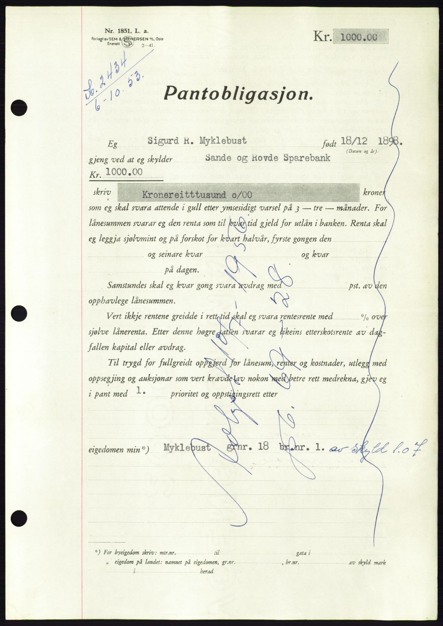 Søre Sunnmøre sorenskriveri, AV/SAT-A-4122/1/2/2C/L0124: Mortgage book no. 12B, 1953-1954, Diary no: : 2434/1953
