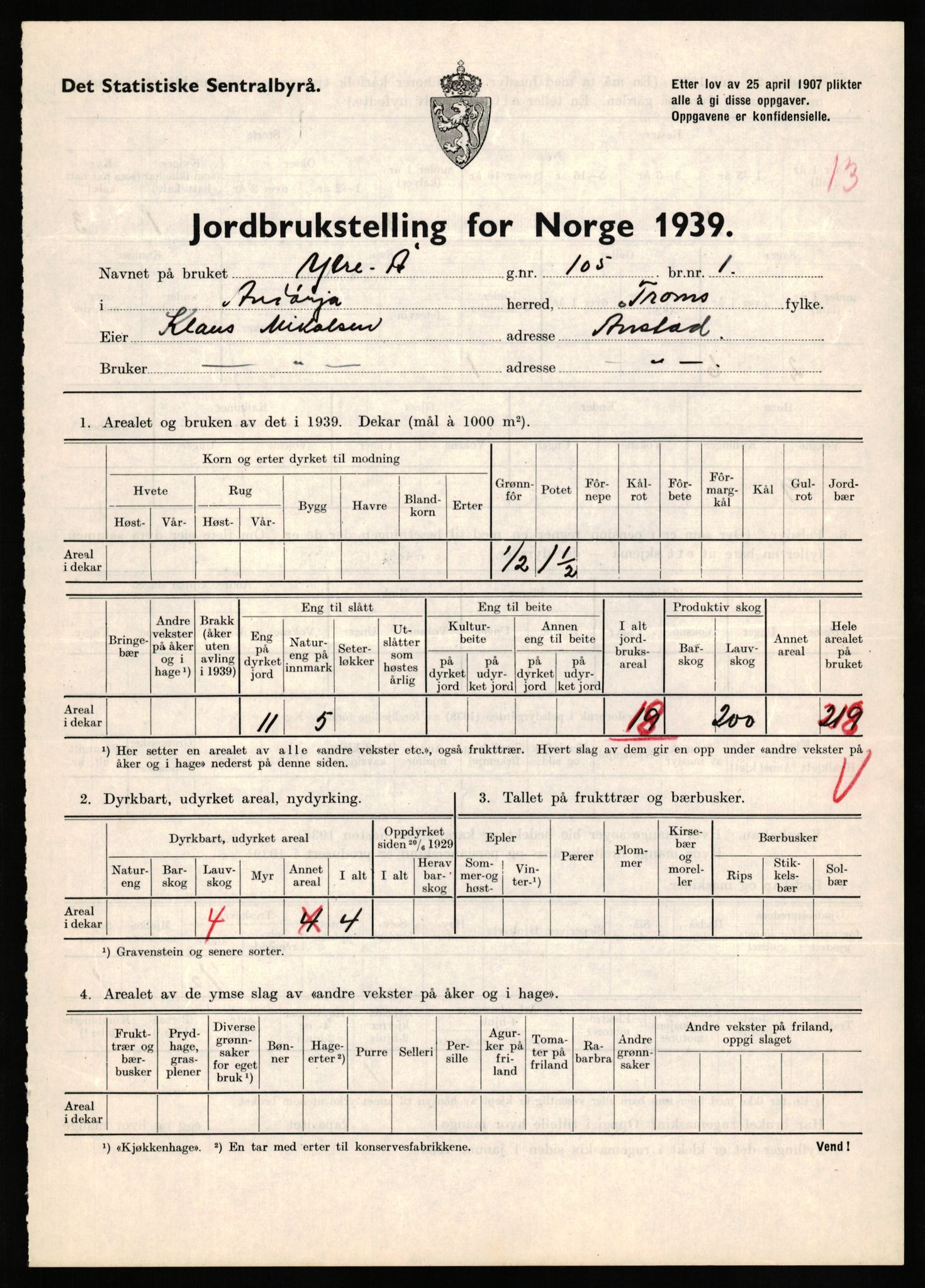 Statistisk sentralbyrå, Næringsøkonomiske emner, Jordbruk, skogbruk, jakt, fiske og fangst, AV/RA-S-2234/G/Gb/L0339: Troms: Andørja, Astafjord og Lavangen, 1939, p. 512