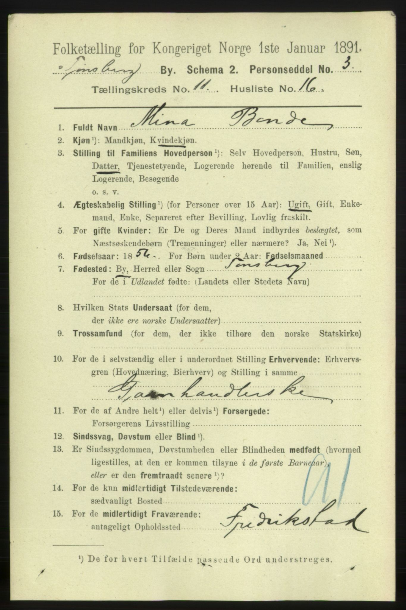 RA, 1891 census for 0705 Tønsberg, 1891, p. 4056