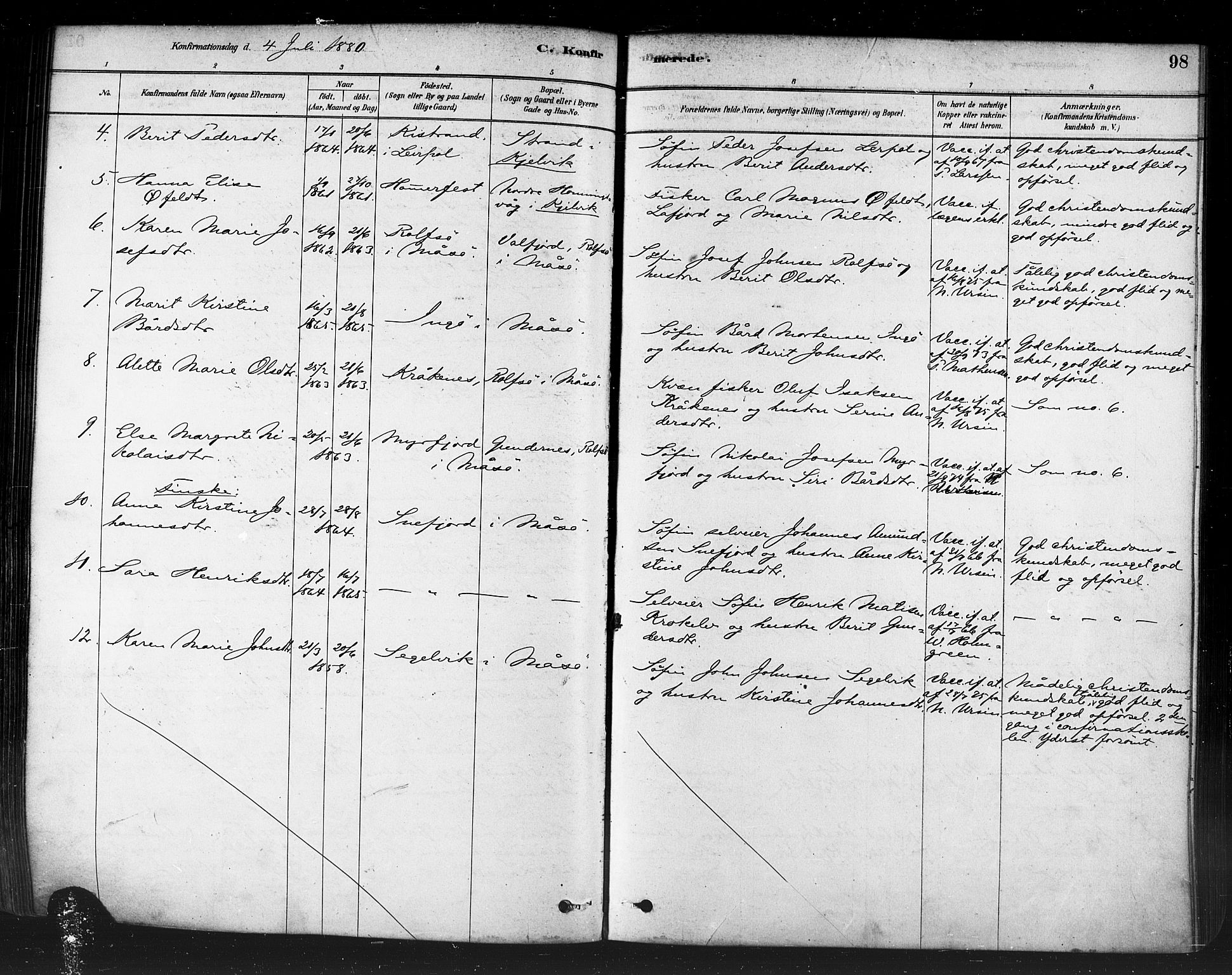 Måsøy sokneprestkontor, SATØ/S-1348/H/Ha/L0004kirke: Parish register (official) no. 4, 1878-1891, p. 98