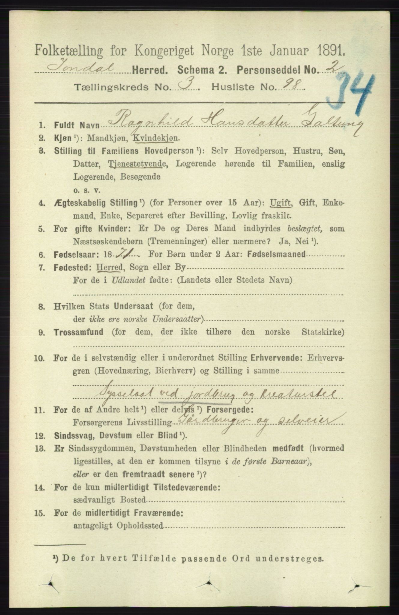 RA, 1891 census for 1227 Jondal, 1891, p. 1898