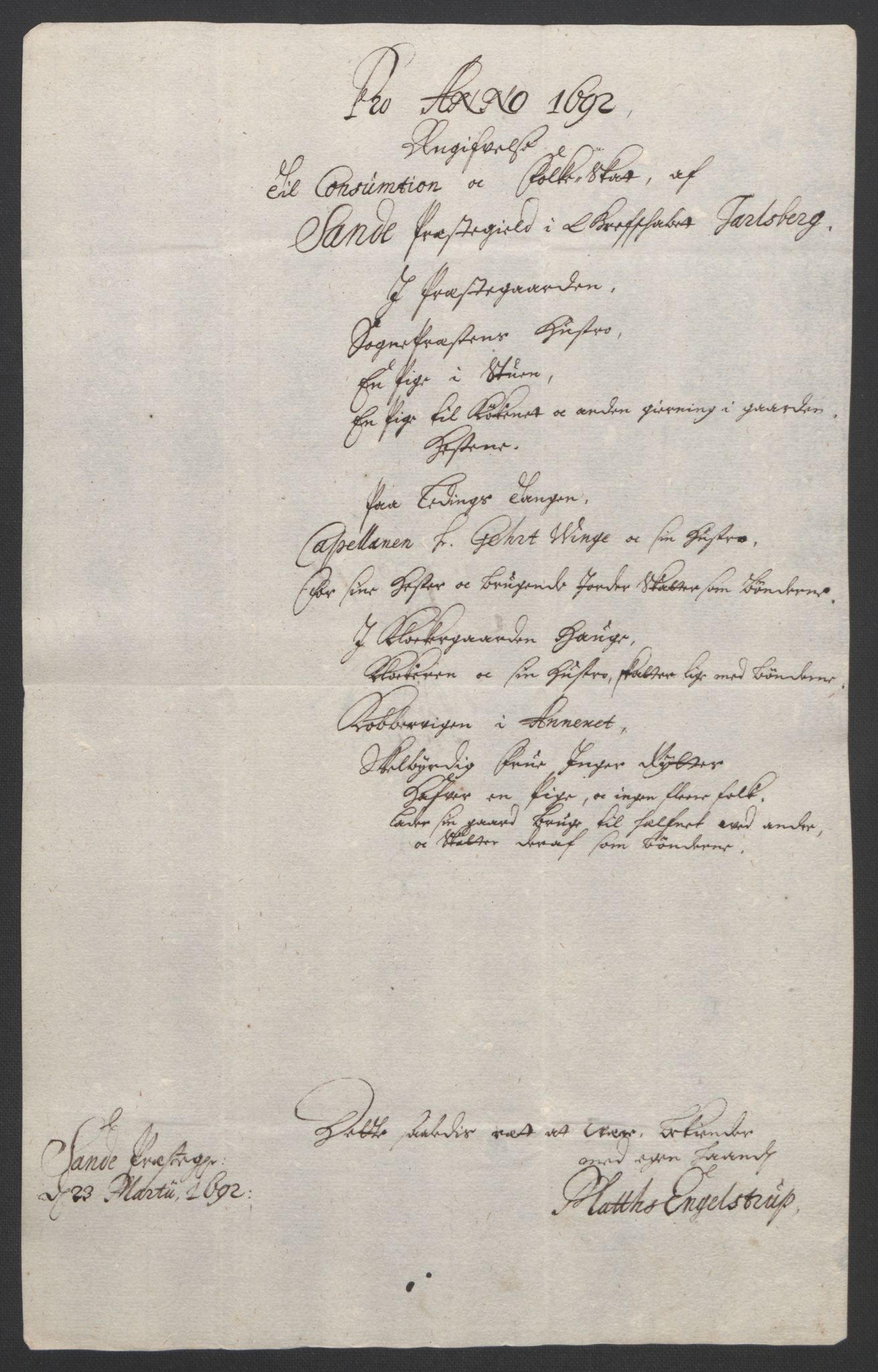 Rentekammeret inntil 1814, Reviderte regnskaper, Fogderegnskap, RA/EA-4092/R32/L1865: Fogderegnskap Jarlsberg grevskap, 1692, p. 260