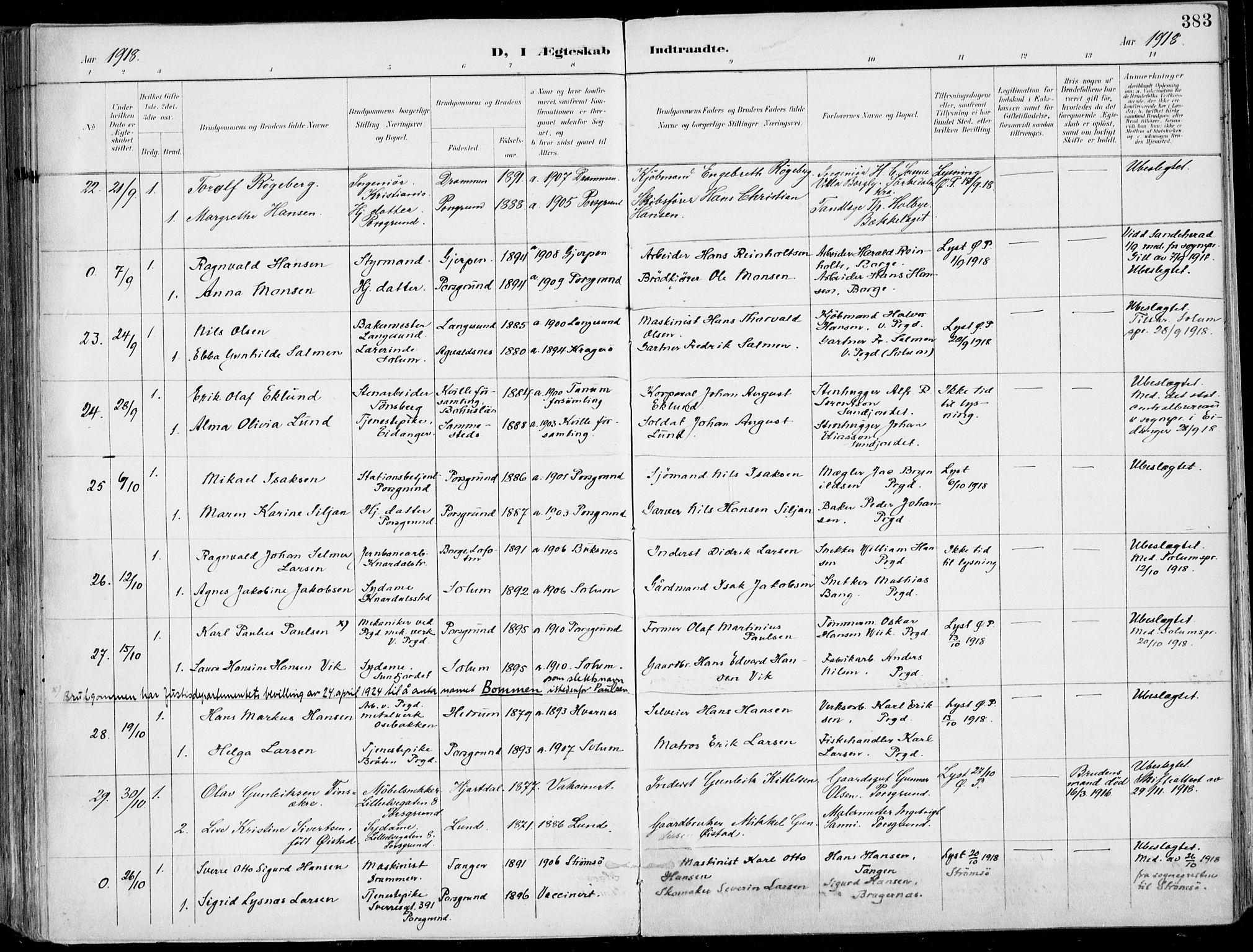 Porsgrunn kirkebøker , AV/SAKO-A-104/F/Fa/L0011: Parish register (official) no. 11, 1895-1919, p. 383
