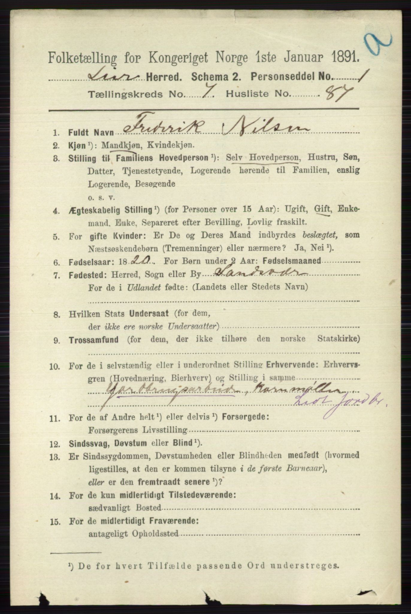 RA, 1891 census for 0626 Lier, 1891, p. 4991