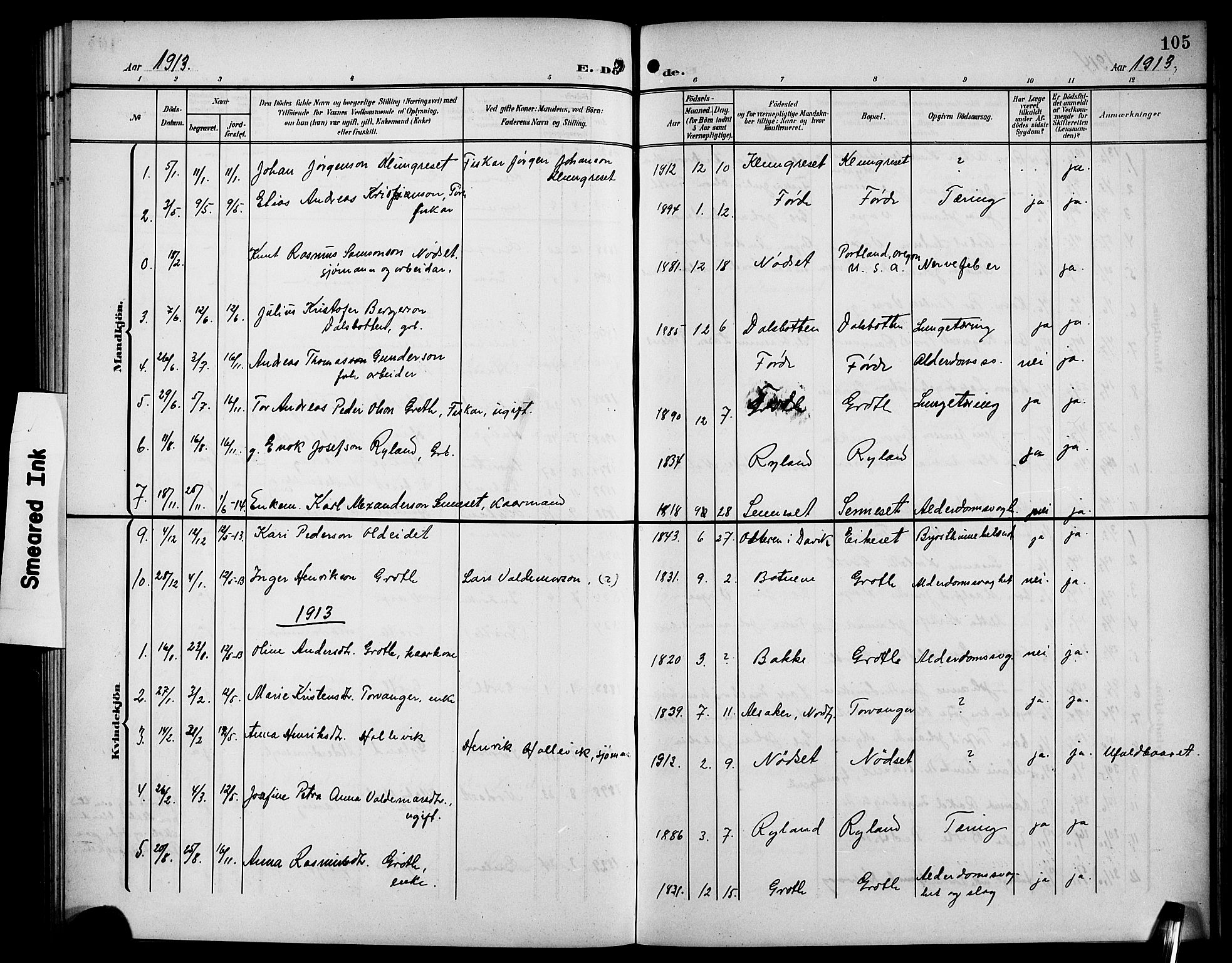 Bremanger sokneprestembete, SAB/A-82201/H/Hab/Habc/L0001: Parish register (copy) no. C 1, 1908-1919, p. 105