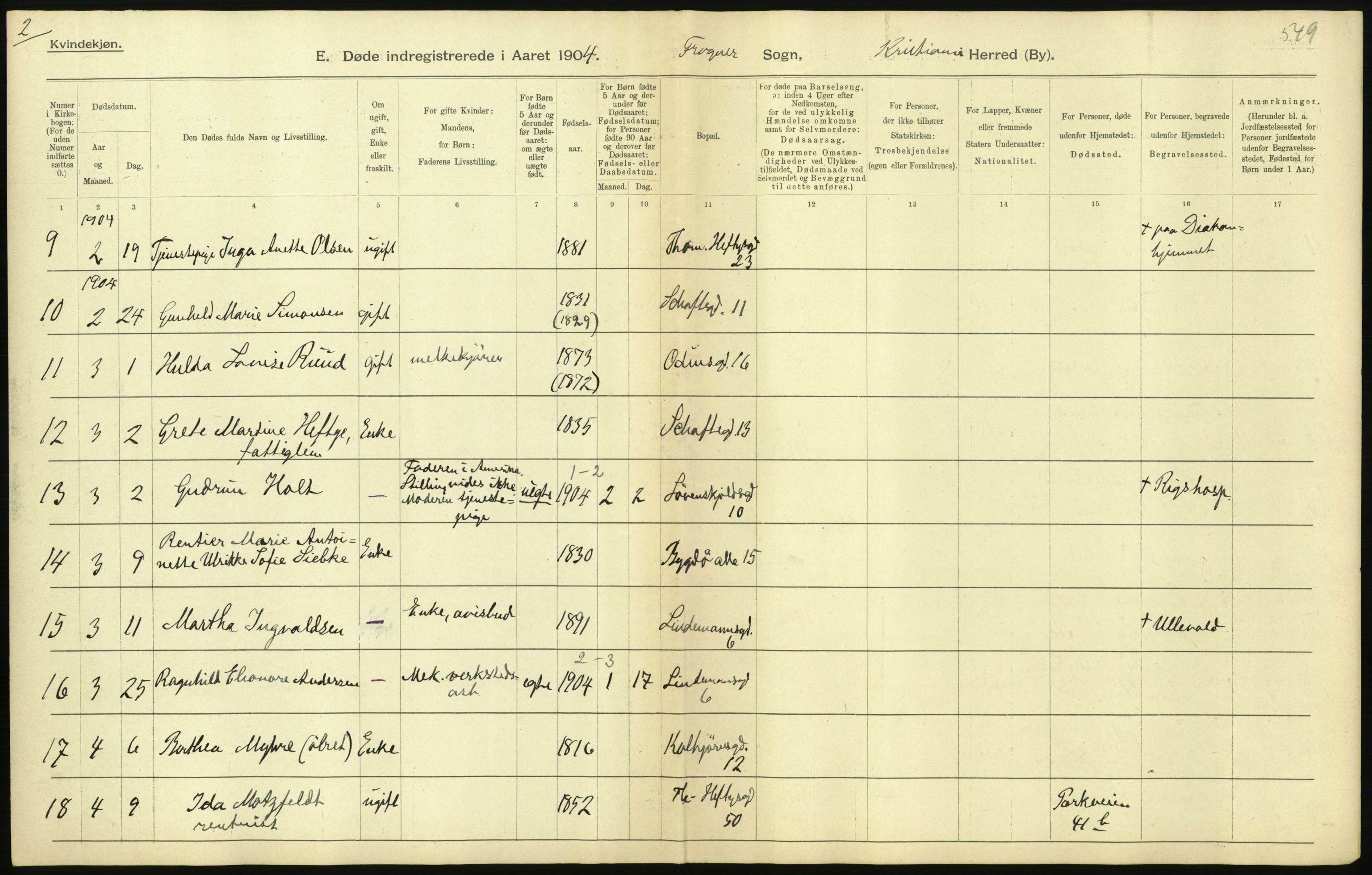 Statistisk sentralbyrå, Sosiodemografiske emner, Befolkning, AV/RA-S-2228/D/Df/Dfa/Dfab/L0004: Kristiania: Gifte, døde, 1904, p. 277