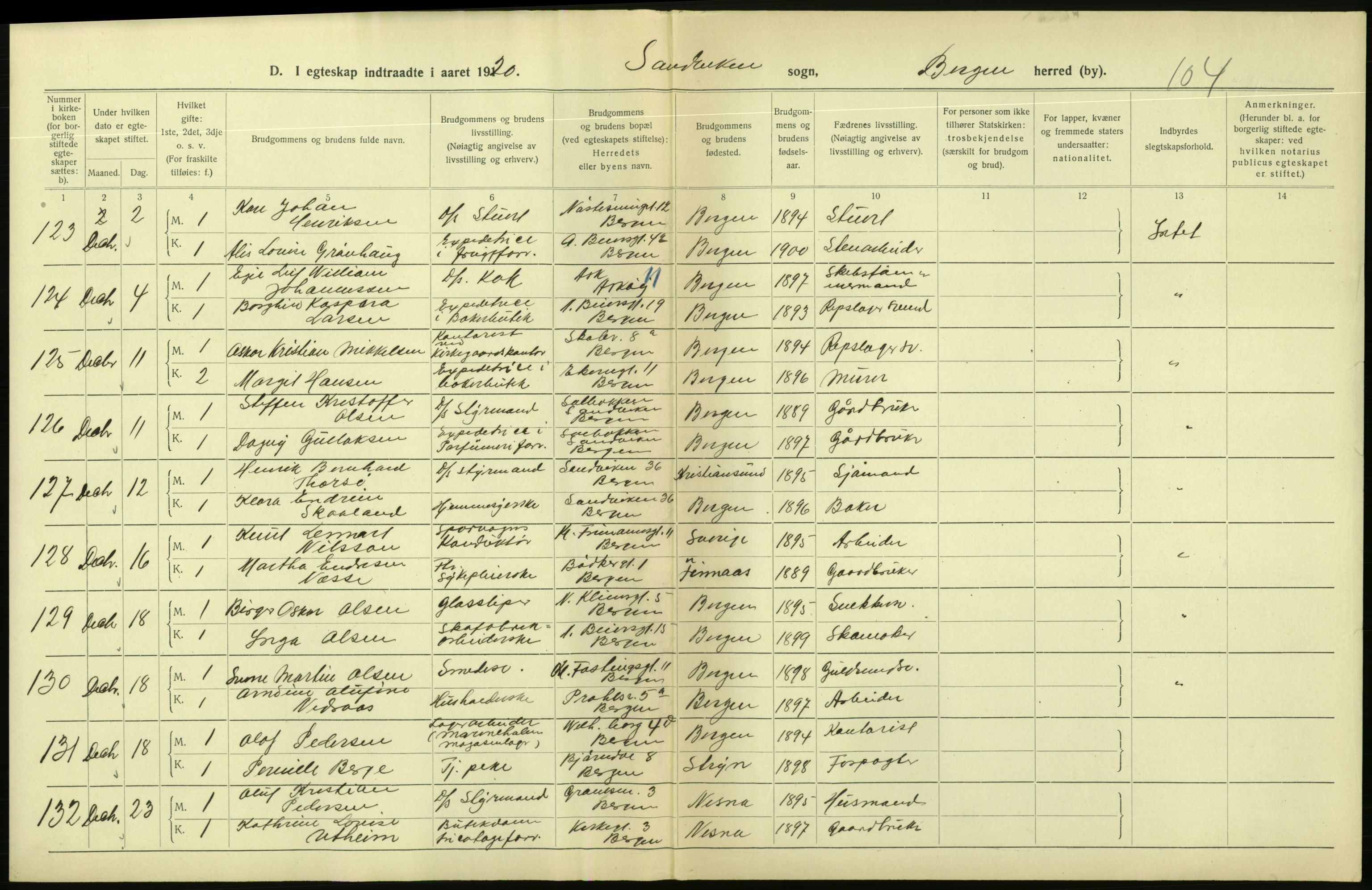 Statistisk sentralbyrå, Sosiodemografiske emner, Befolkning, AV/RA-S-2228/D/Df/Dfb/Dfbj/L0042: Bergen: Gifte, døde, dødfødte., 1920, p. 58