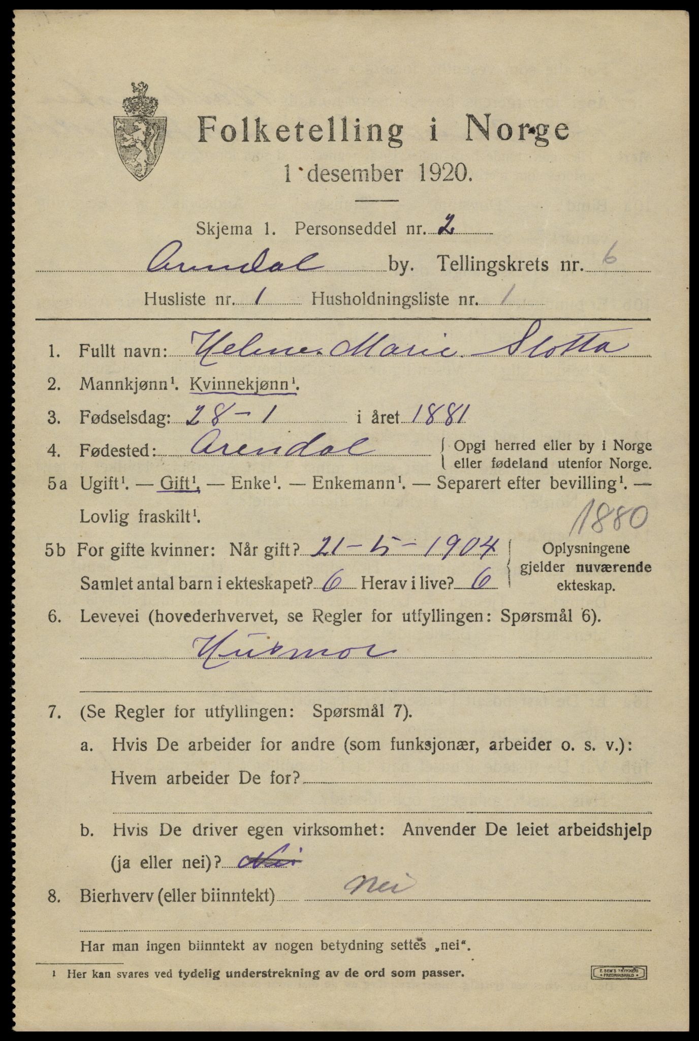 SAK, 1920 census for Arendal, 1920, p. 13548