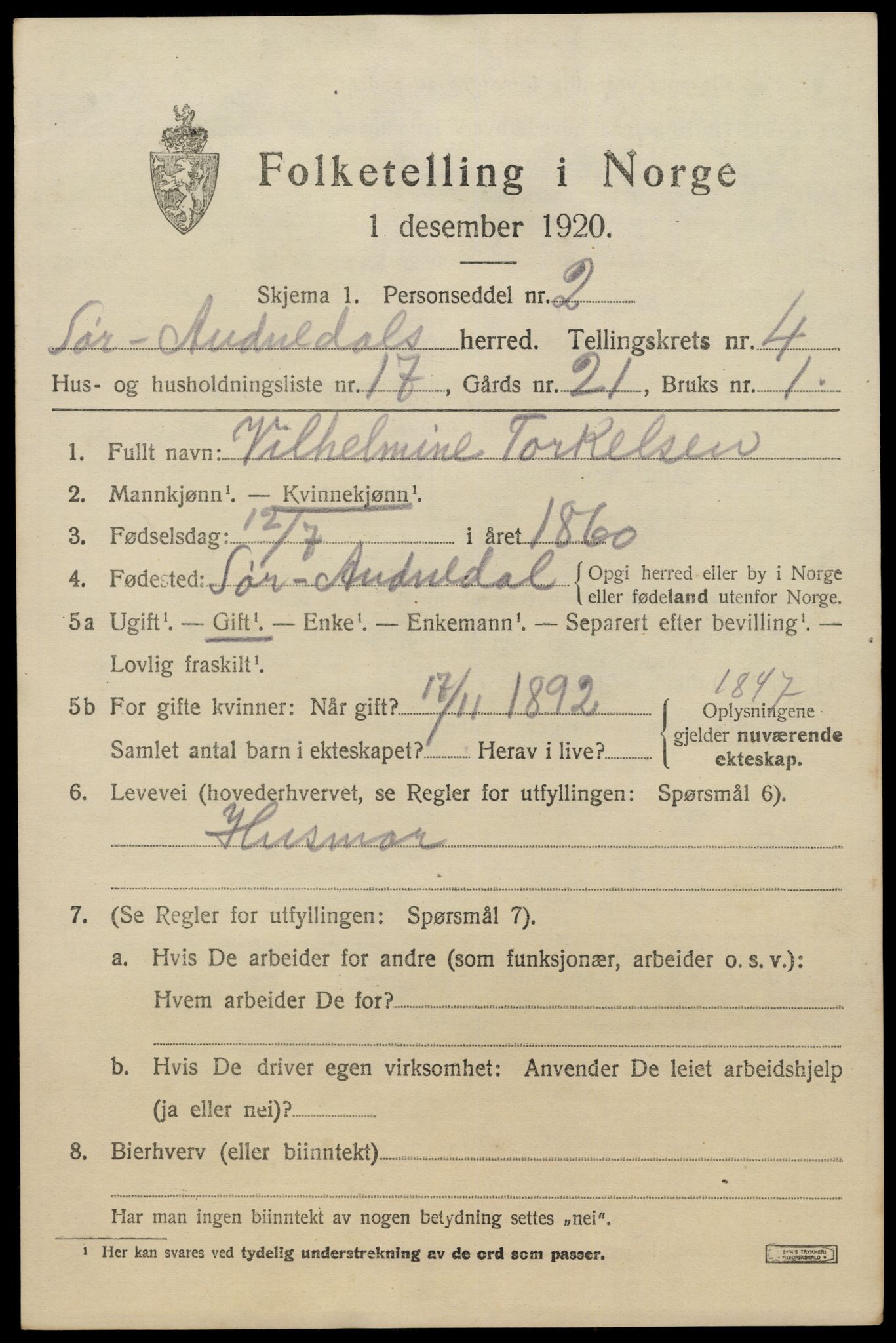 SAK, 1920 census for Sør-Audnedal, 1920, p. 2287