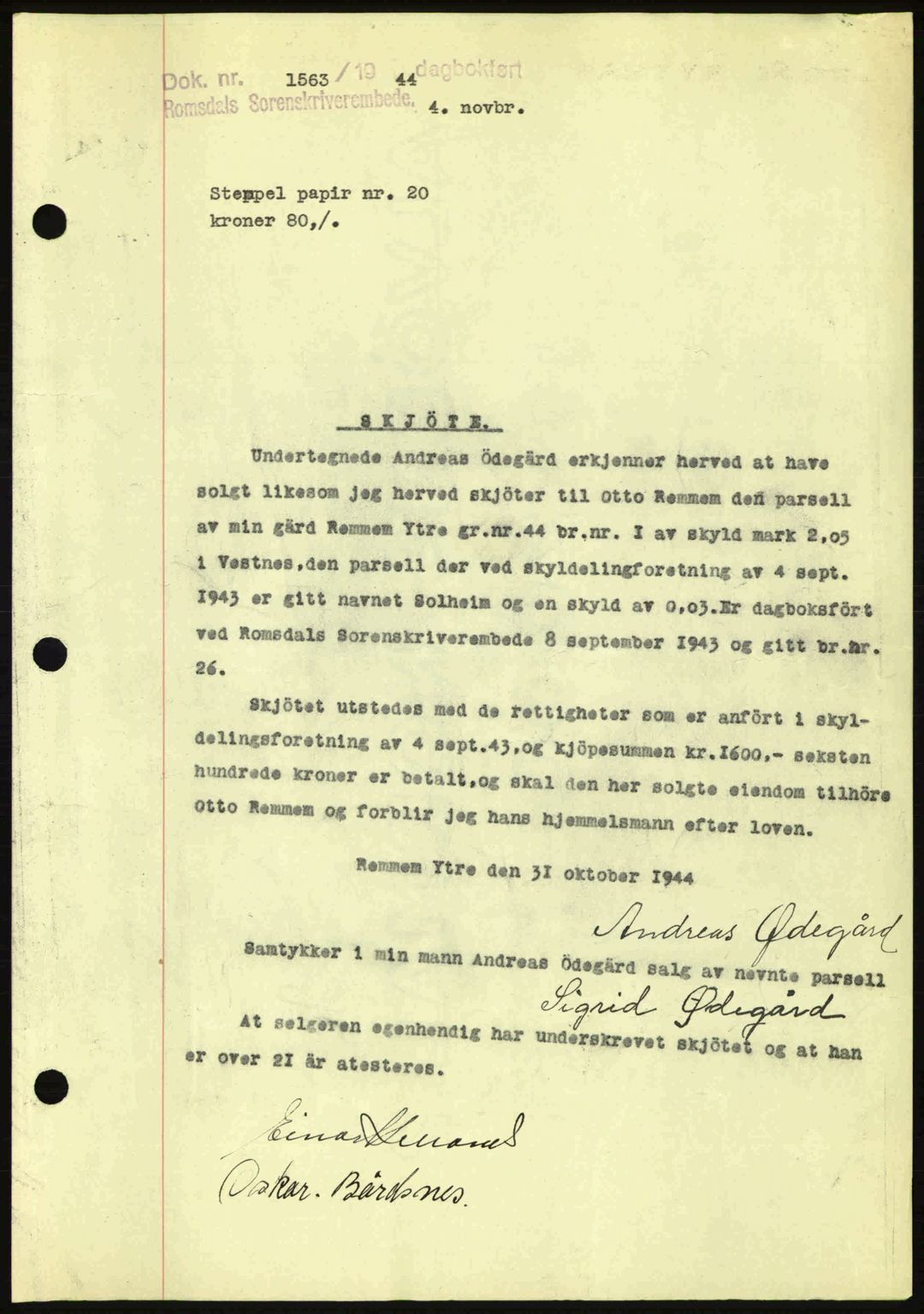 Romsdal sorenskriveri, AV/SAT-A-4149/1/2/2C: Mortgage book no. A17, 1944-1945, Diary no: : 1563/1944