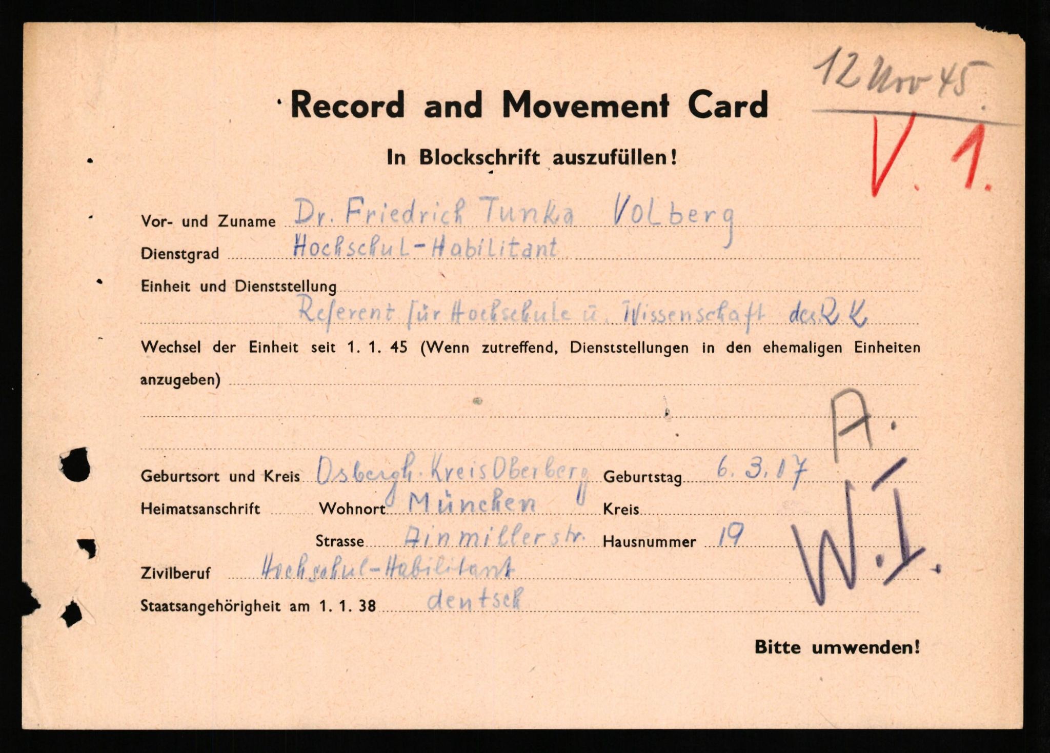 Forsvaret, Forsvarets overkommando II, AV/RA-RAFA-3915/D/Db/L0034: CI Questionaires. Tyske okkupasjonsstyrker i Norge. Tyskere., 1945-1946, p. 329