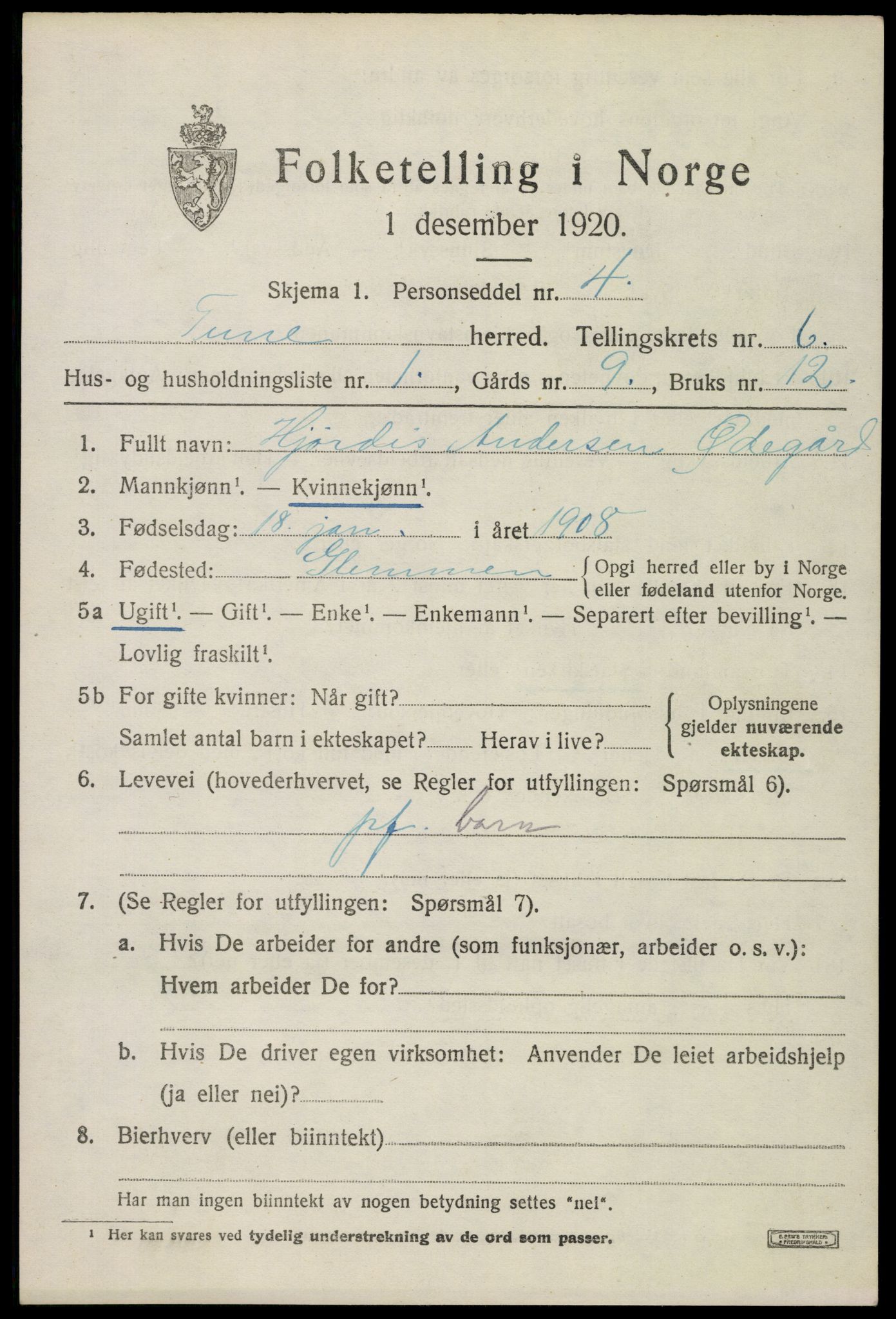 SAO, 1920 census for Tune, 1920, p. 5678