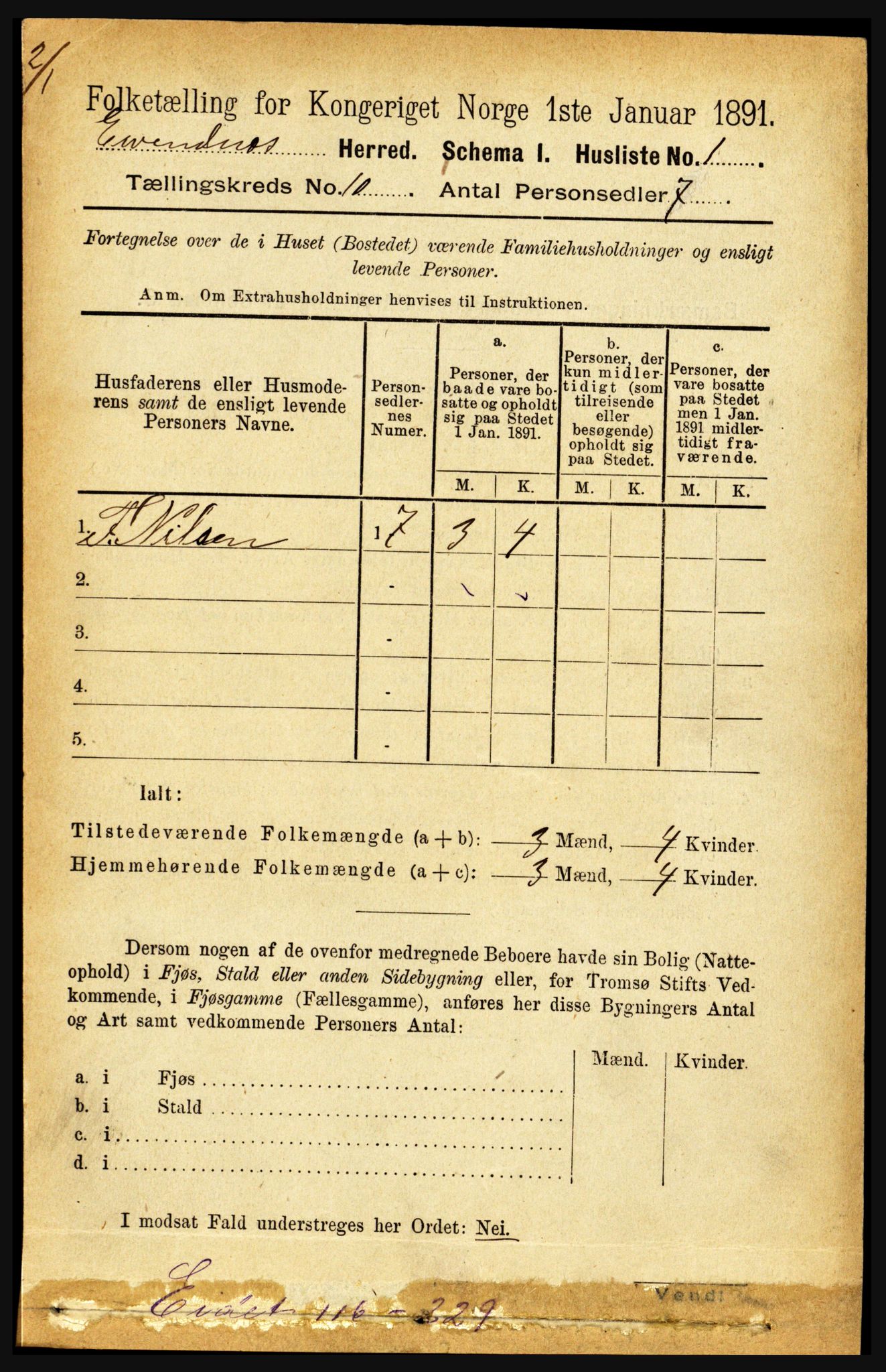 RA, 1891 census for 1853 Evenes, 1891, p. 3089