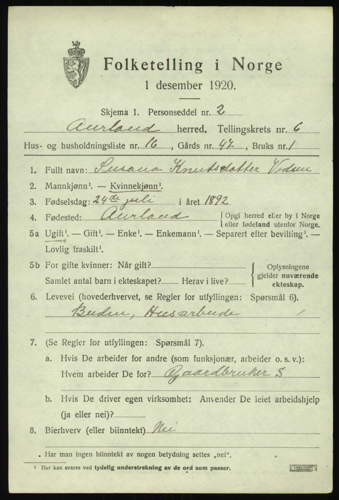 SAB, 1920 census for Aurland, 1920, p. 4064