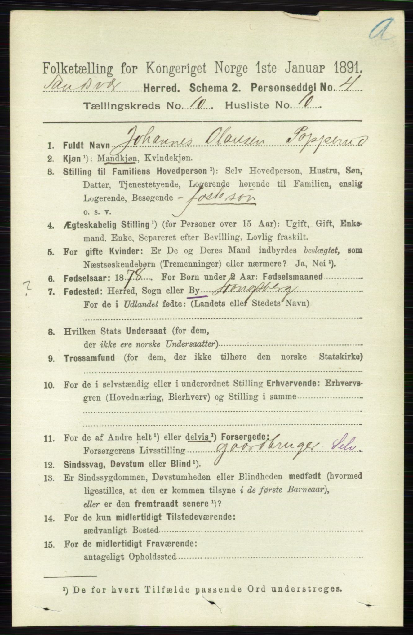 RA, 1891 census for 0629 Sandsvær, 1891, p. 4978