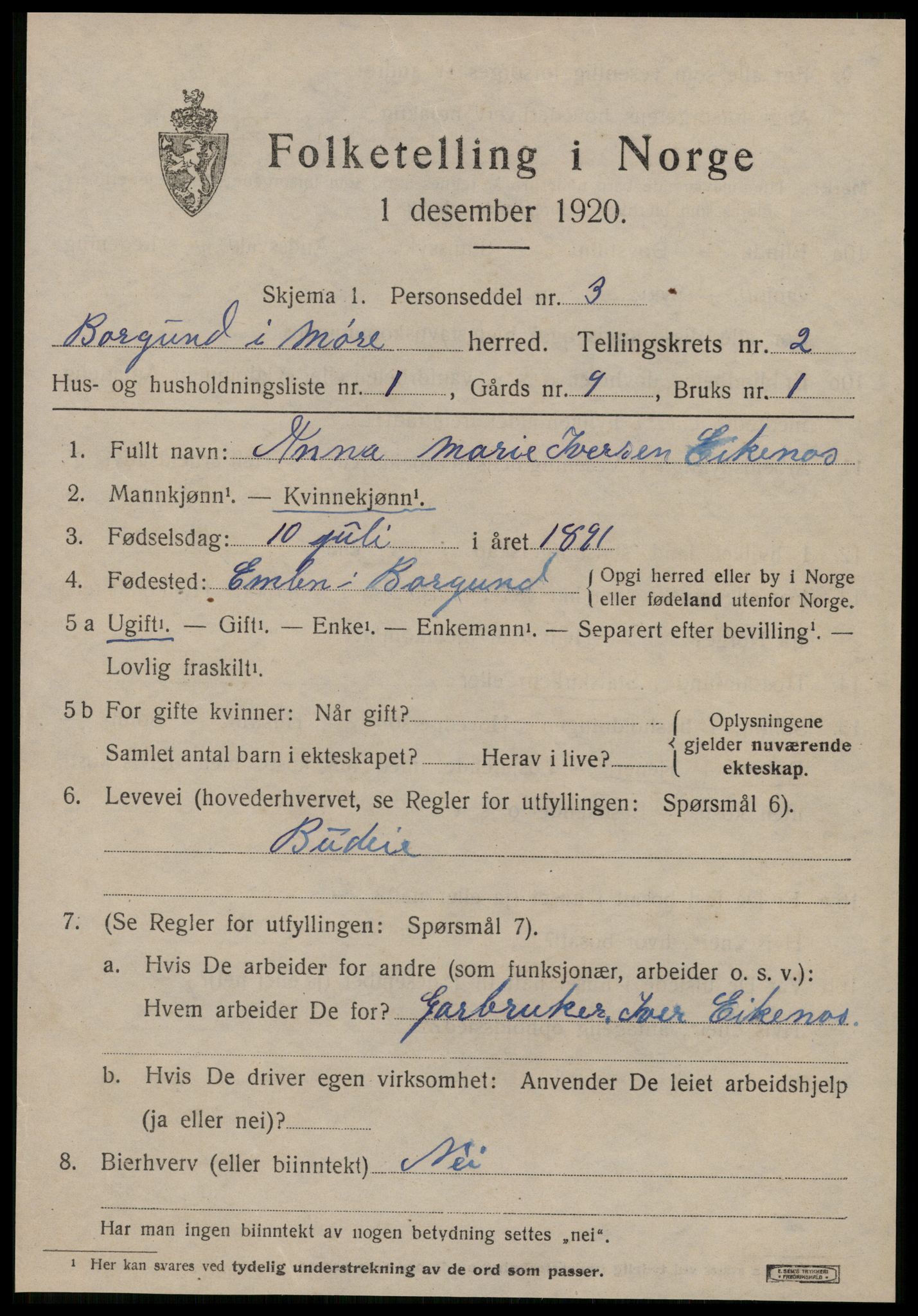 SAT, 1920 census for Borgund, 1920, p. 3092