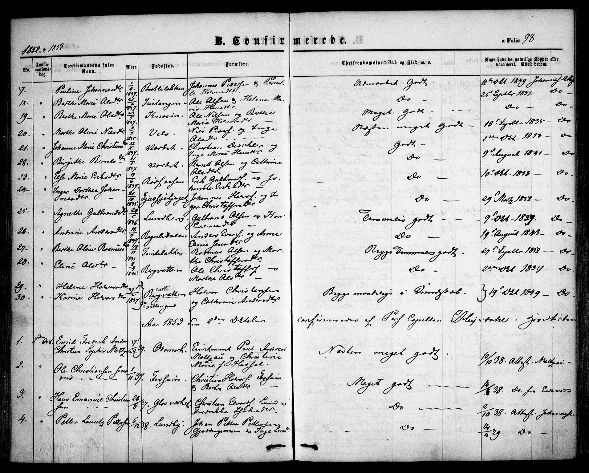 Hurdal prestekontor Kirkebøker, AV/SAO-A-10889/F/Fa/L0005: Parish register (official) no. I 5, 1846-1859, p. 98