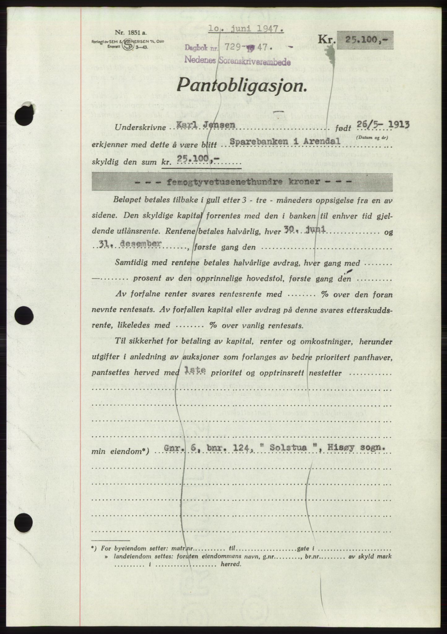 Nedenes sorenskriveri, AV/SAK-1221-0006/G/Gb/Gbb/L0004: Mortgage book no. B4, 1947-1947, Diary no: : 729/1947