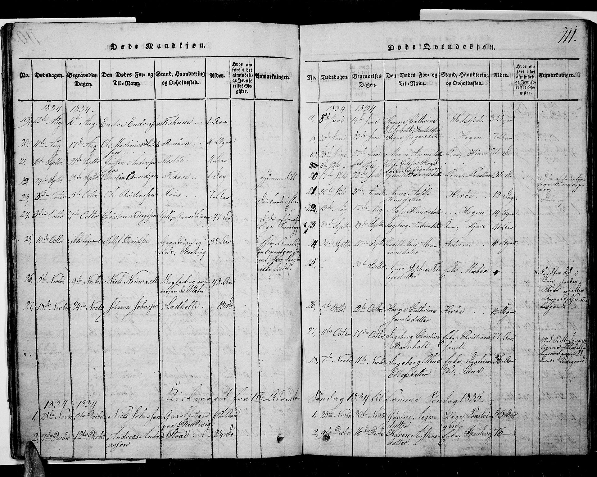 Oddernes sokneprestkontor, AV/SAK-1111-0033/F/Fb/Fba/L0003: Parish register (copy) no. B 3, 1820-1838, p. 111