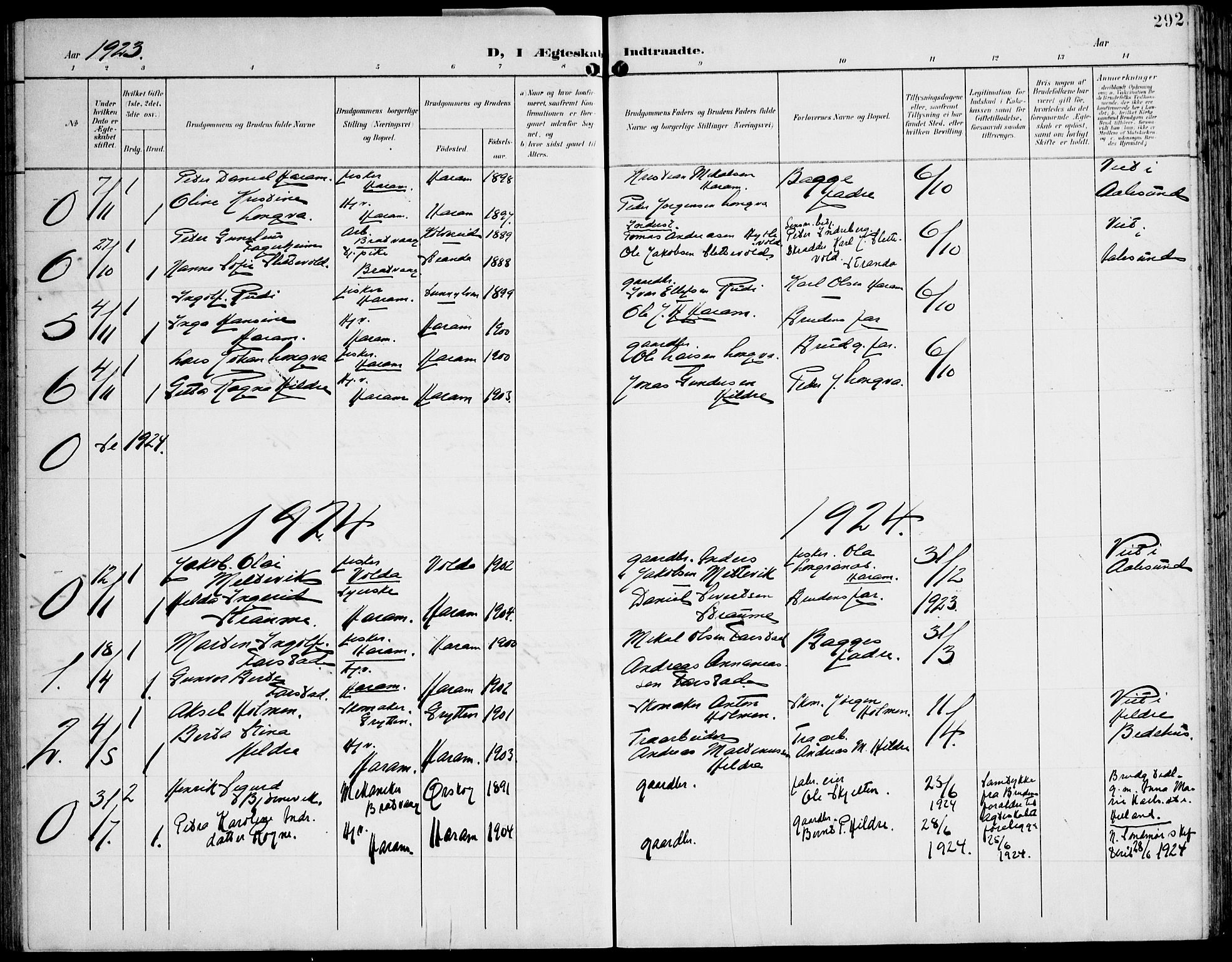 Ministerialprotokoller, klokkerbøker og fødselsregistre - Møre og Romsdal, AV/SAT-A-1454/536/L0511: Parish register (copy) no. 536C06, 1899-1944, p. 292