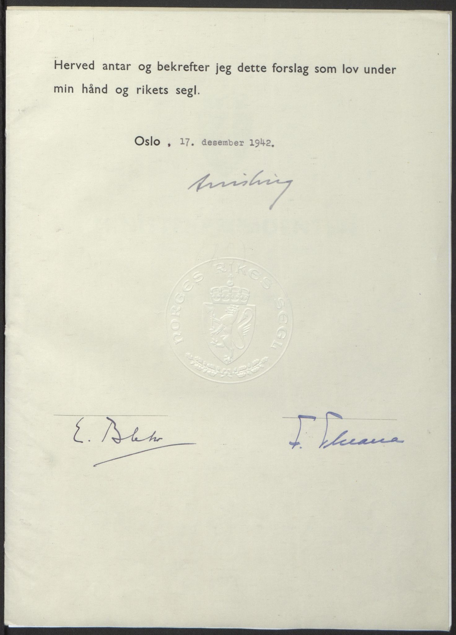 NS-administrasjonen 1940-1945 (Statsrådsekretariatet, de kommisariske statsråder mm), RA/S-4279/D/Db/L0098: Lover II, 1942, p. 592