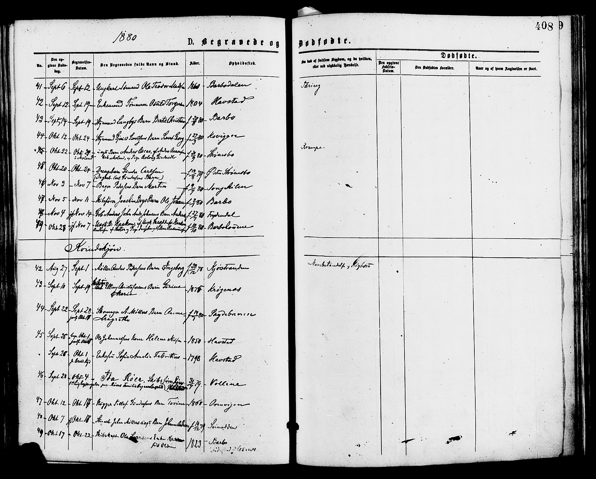 Barbu sokneprestkontor, AV/SAK-1111-0003/F/Fa/L0001: Parish register (official) no. A 1 /1, 1878-1883, p. 408