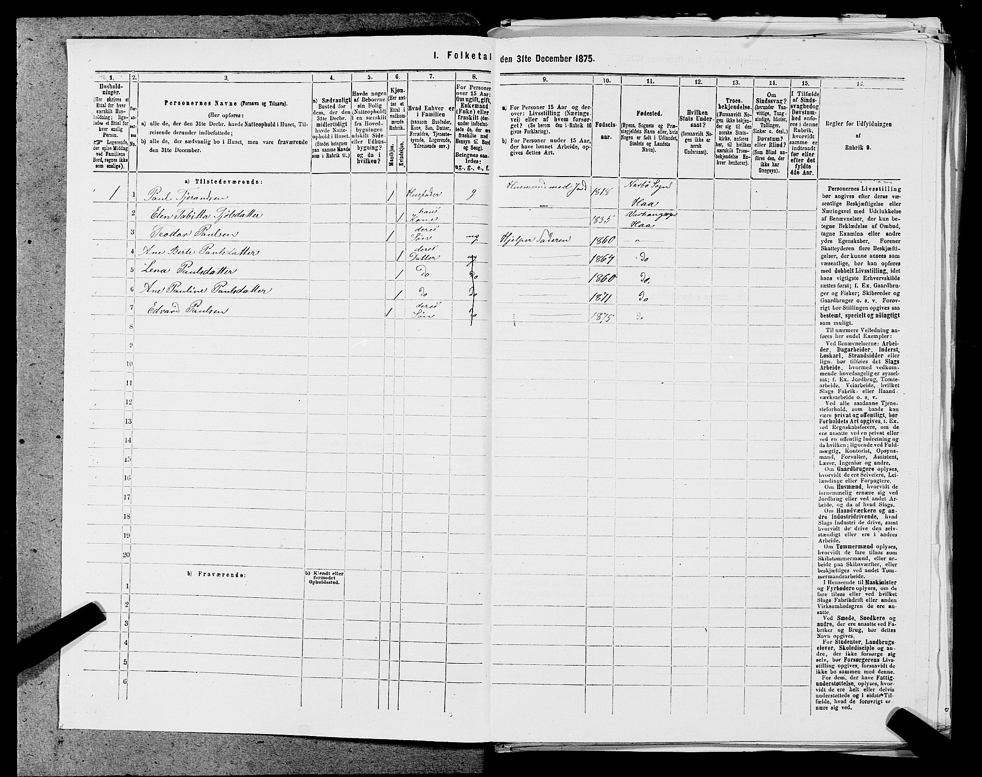 SAST, 1875 census for 1119P Hå, 1875, p. 820