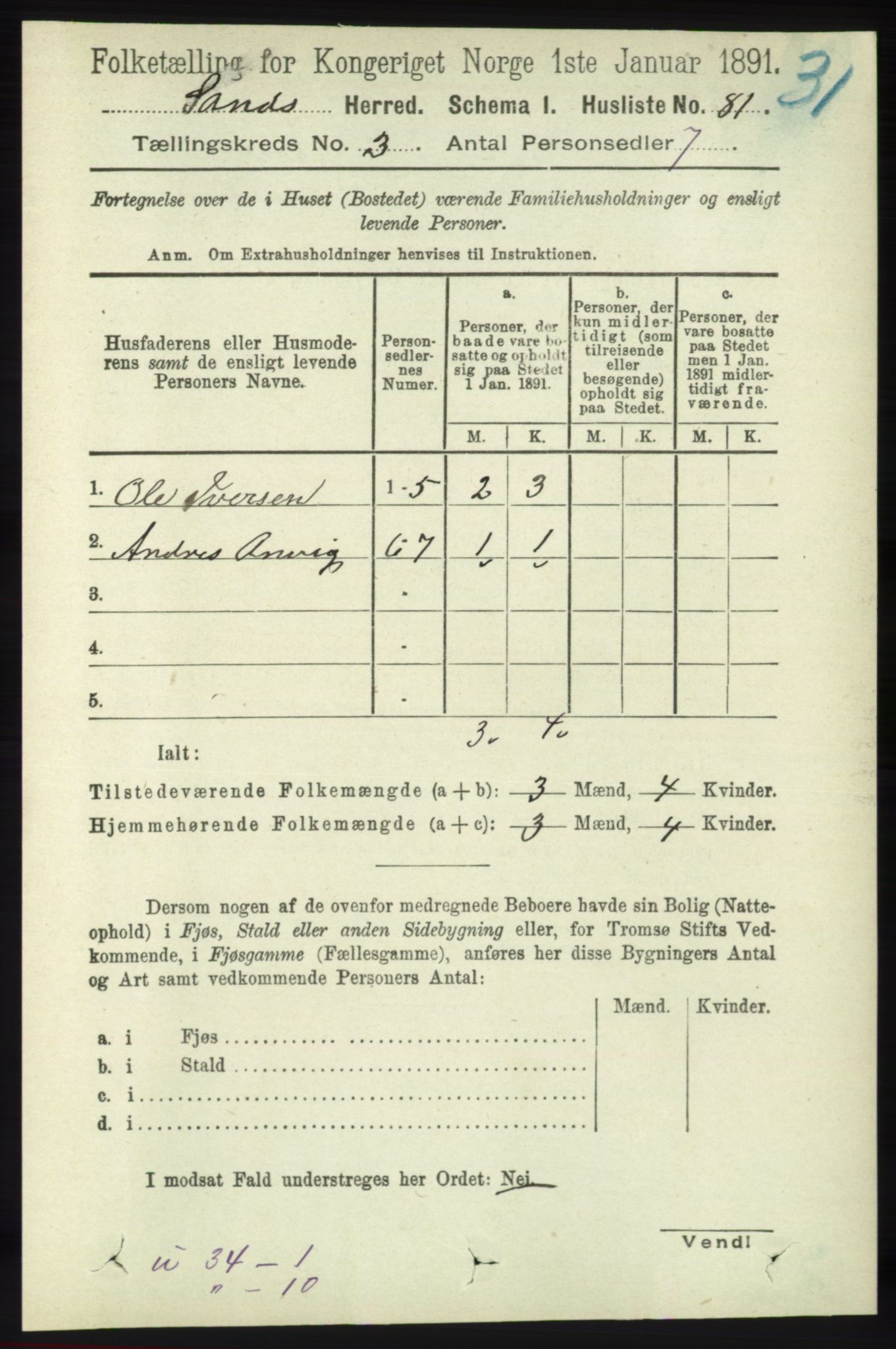 RA, 1891 census for 1136 Sand, 1891, p. 658