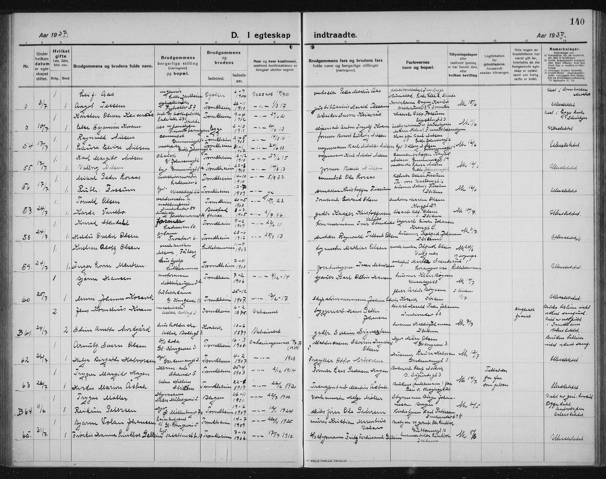 Ministerialprotokoller, klokkerbøker og fødselsregistre - Sør-Trøndelag, AV/SAT-A-1456/605/L0260: Parish register (copy) no. 605C07, 1922-1942, p. 140