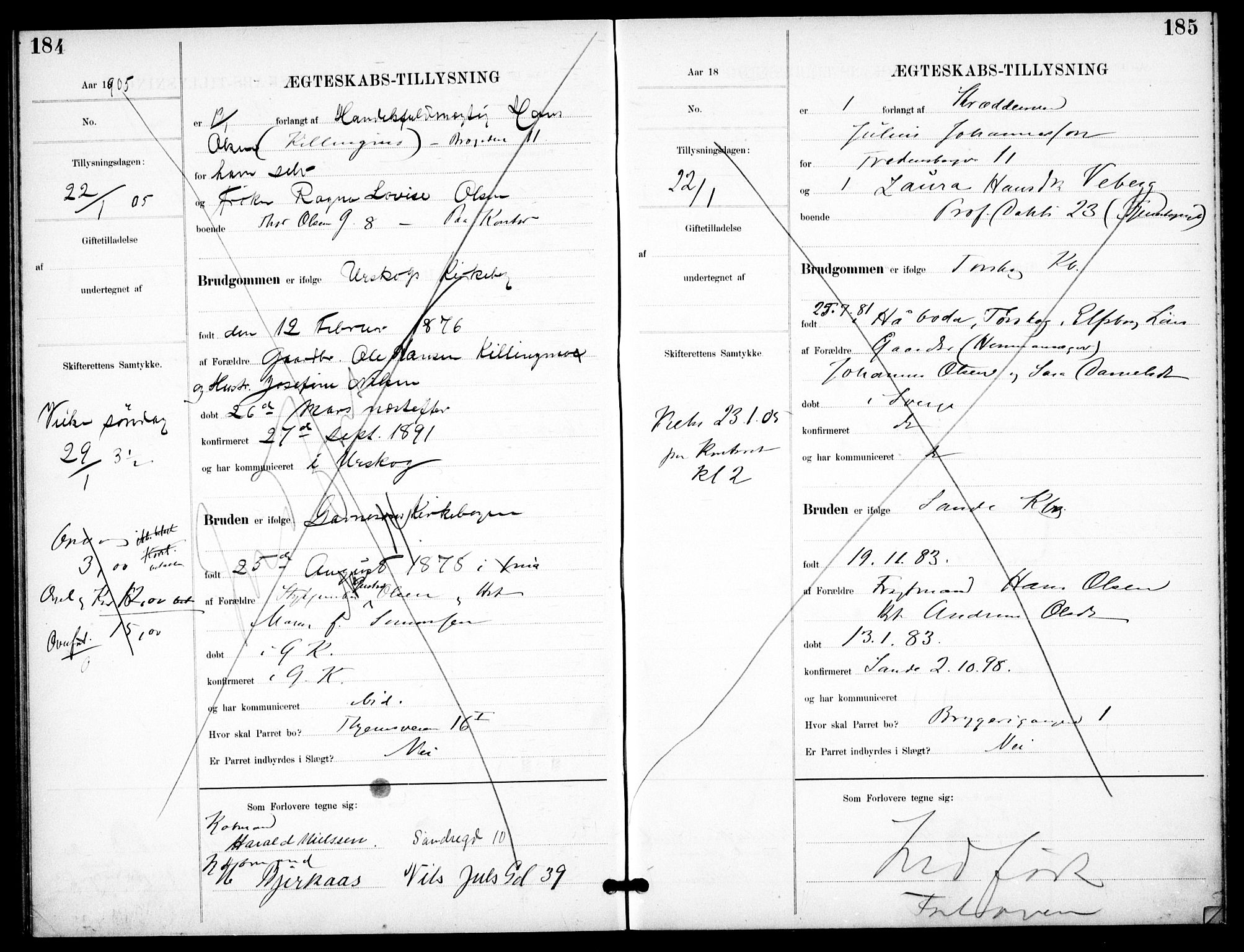 Garnisonsmenigheten Kirkebøker, AV/SAO-A-10846/H/Ha/L0008: Banns register no. I 8, 1894-1908, p. 184-185