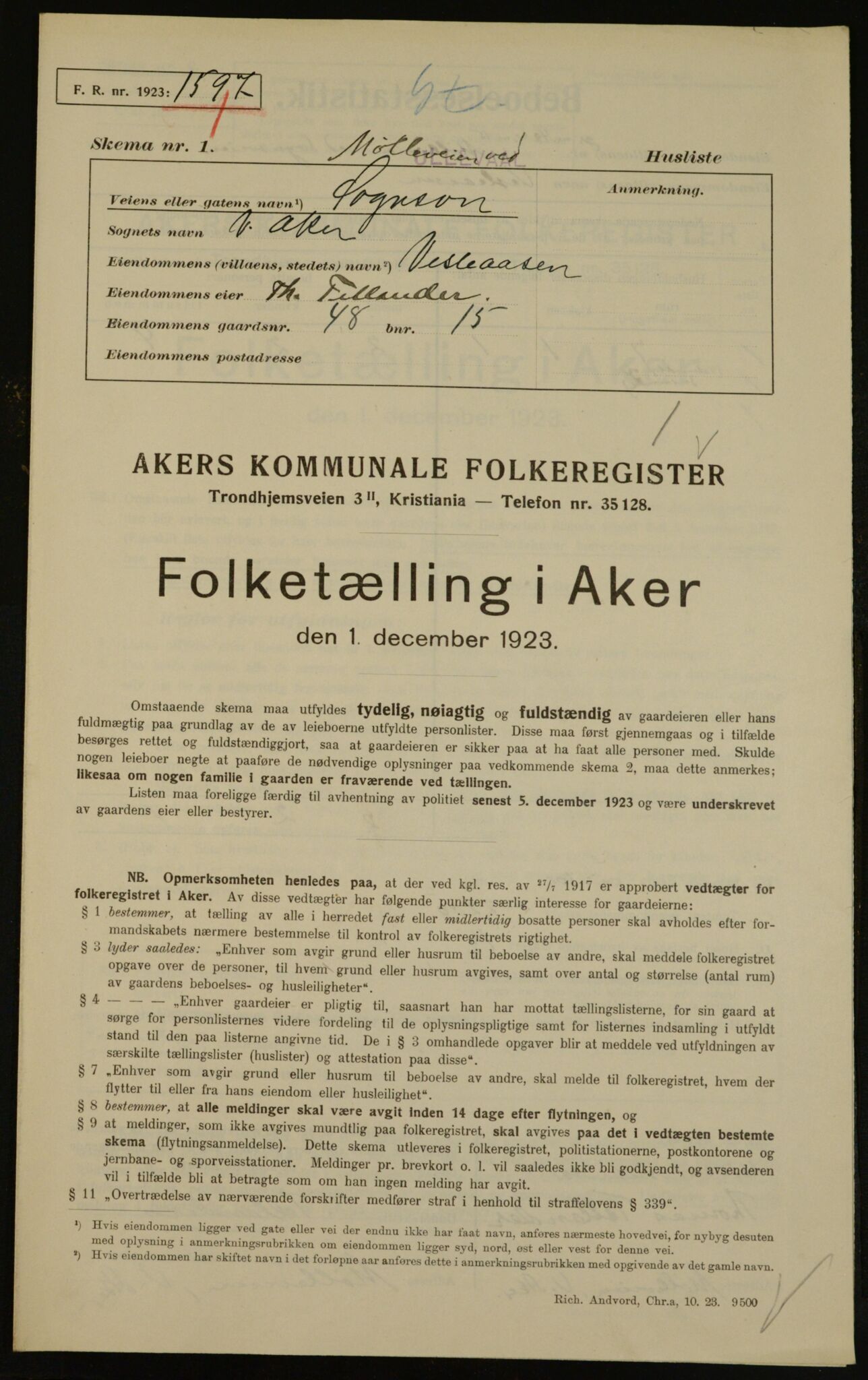 , Municipal Census 1923 for Aker, 1923, p. 17901