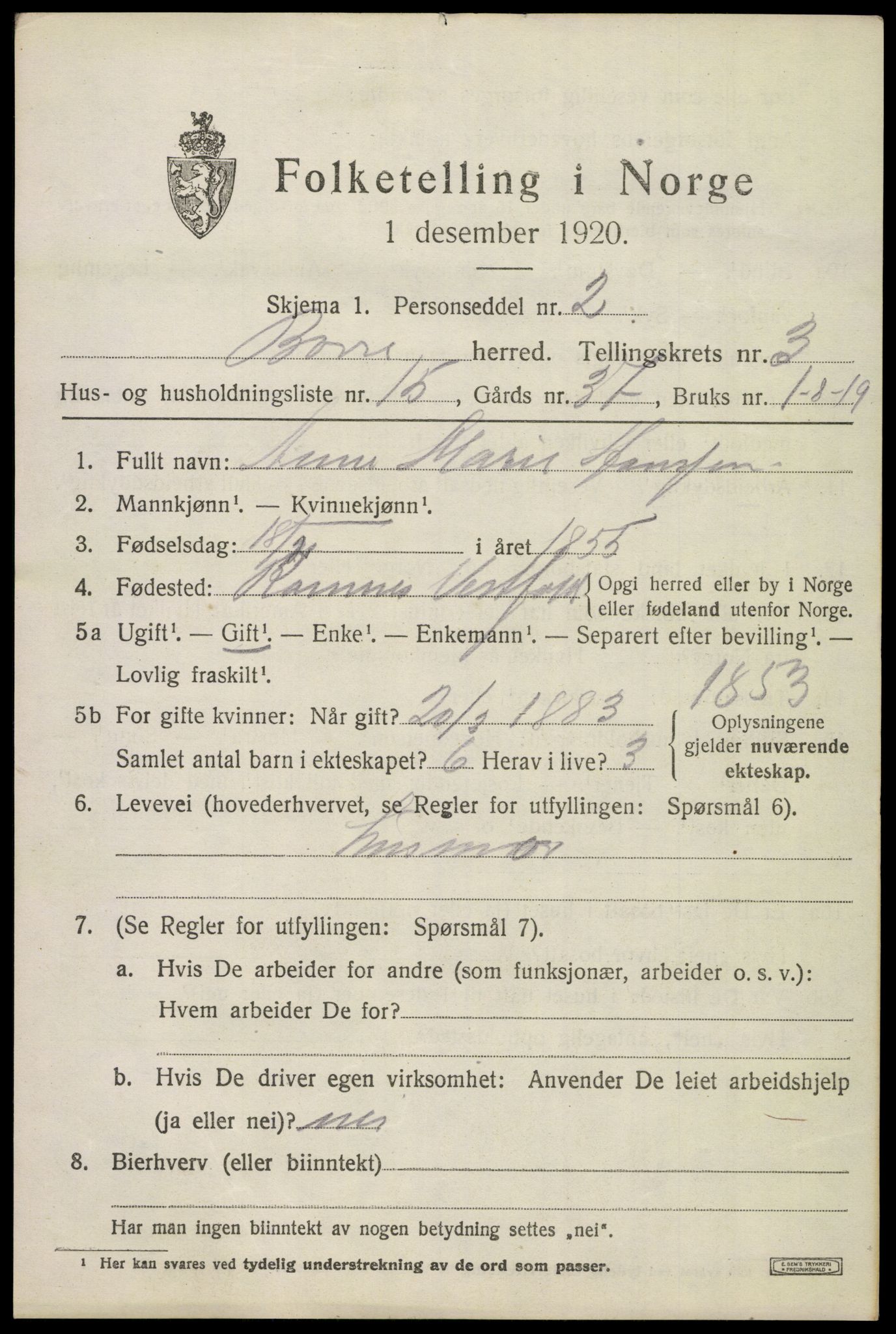SAKO, 1920 census for Borre, 1920, p. 6202