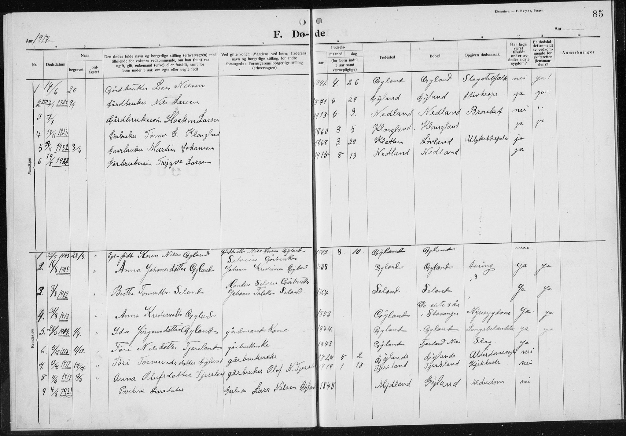 Baptistmenigheten i Gyland, SAK/1292-0003/F/Fa/L0001: Dissenter register no. F 1, 1902-1937, p. 85