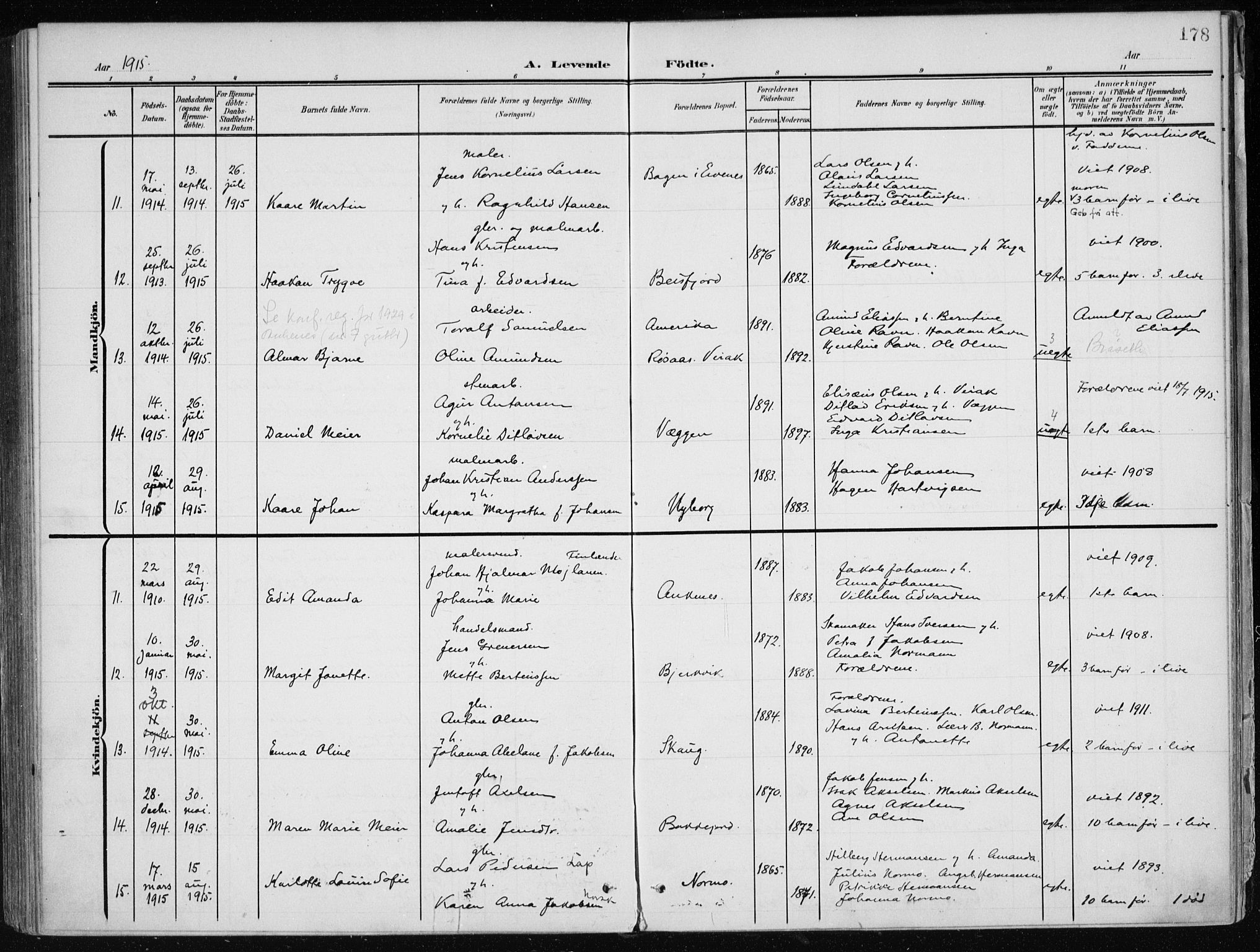 Ministerialprotokoller, klokkerbøker og fødselsregistre - Nordland, AV/SAT-A-1459/866/L0941: Parish register (official) no. 866A04, 1901-1917, p. 178