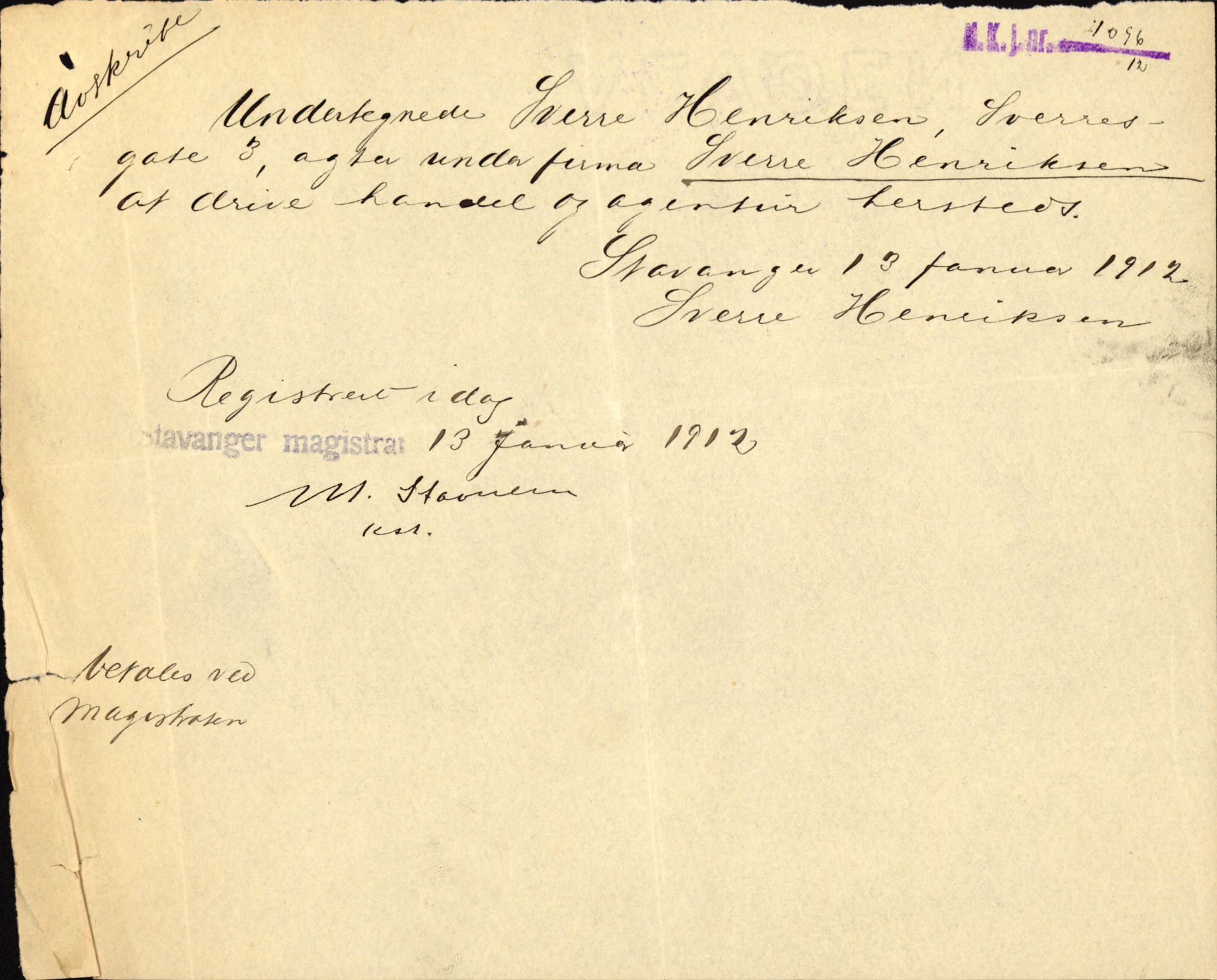 Stavanger byfogd, SAST/A-101408/002/J/Jd/Jde/L0004: Registreringsmeldinger og bilag. Enkeltmannsforetak, 1001-1350, 1891-1990, p. 152