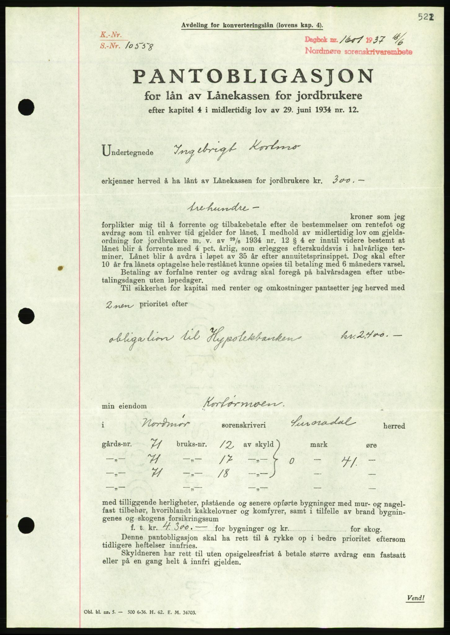 Nordmøre sorenskriveri, AV/SAT-A-4132/1/2/2Ca/L0091: Mortgage book no. B81, 1937-1937, Diary no: : 1601/1937