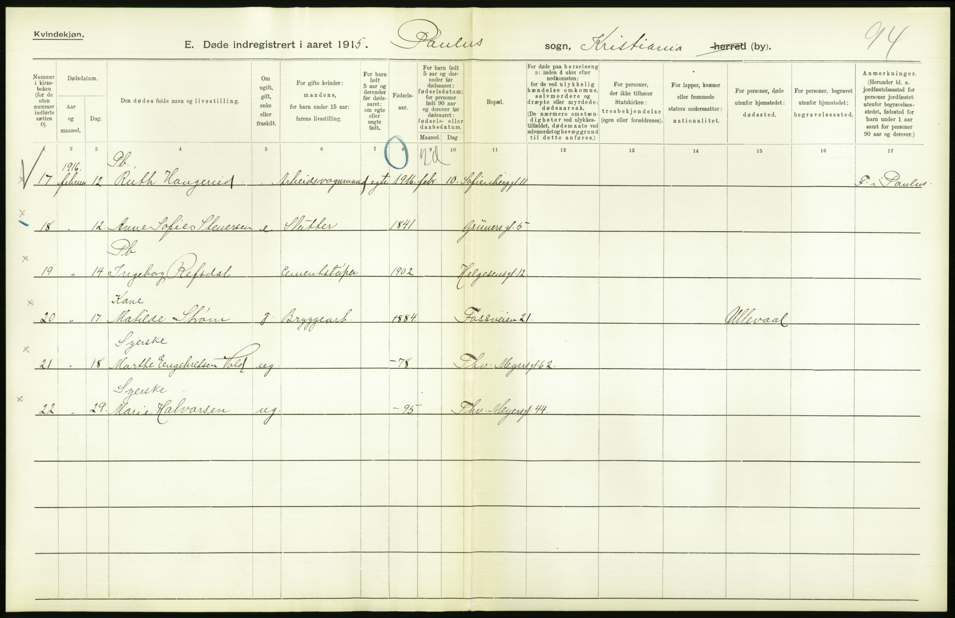 Statistisk sentralbyrå, Sosiodemografiske emner, Befolkning, AV/RA-S-2228/D/Df/Dfb/Dfbf/L0009: Kristiania: Døde., 1916, p. 6