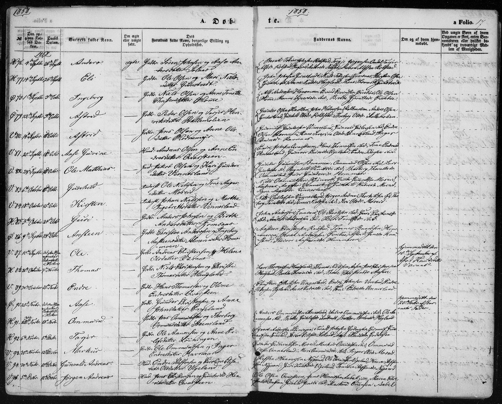 Vennesla sokneprestkontor, AV/SAK-1111-0045/Fa/Fac/L0007: Parish register (official) no. A 7, 1855-1873, p. 17