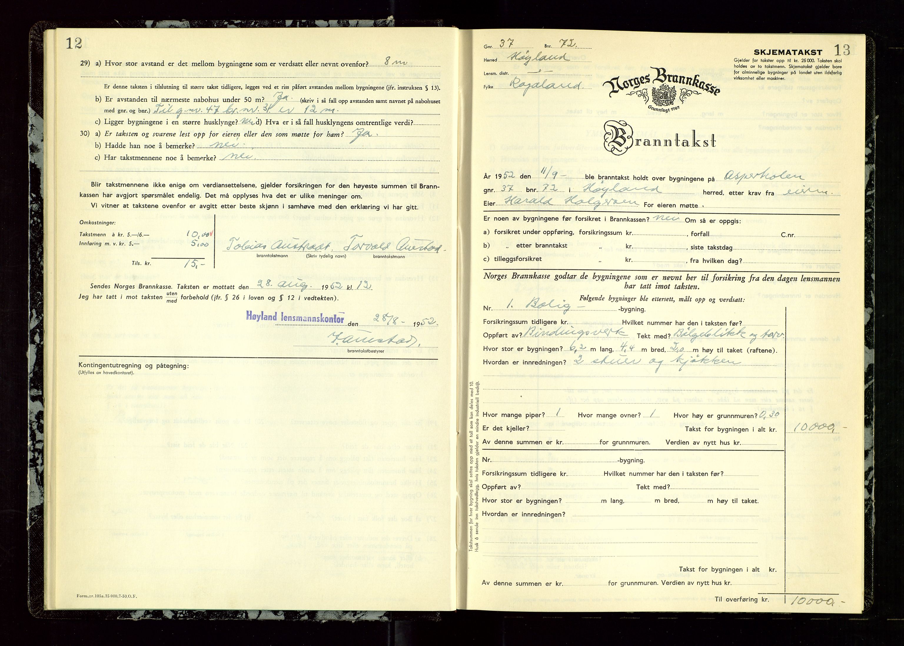 Høyland/Sandnes lensmannskontor, AV/SAST-A-100166/Gob/L0009: "Branntakstprotokoll", 1952-1955, p. 12-13