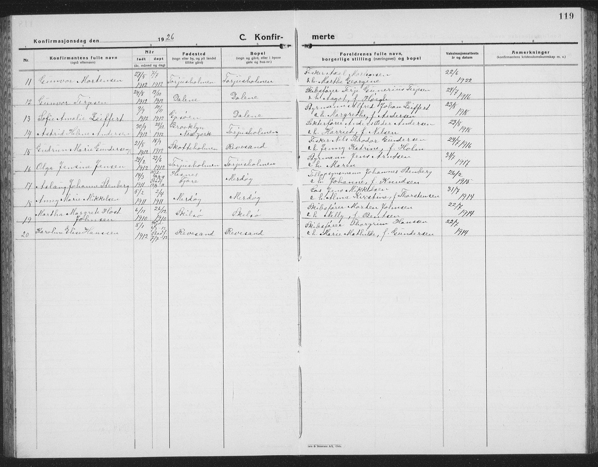 Tromøy sokneprestkontor, SAK/1111-0041/F/Fb/L0008: Parish register (copy) no. B 8, 1925-1938, p. 119