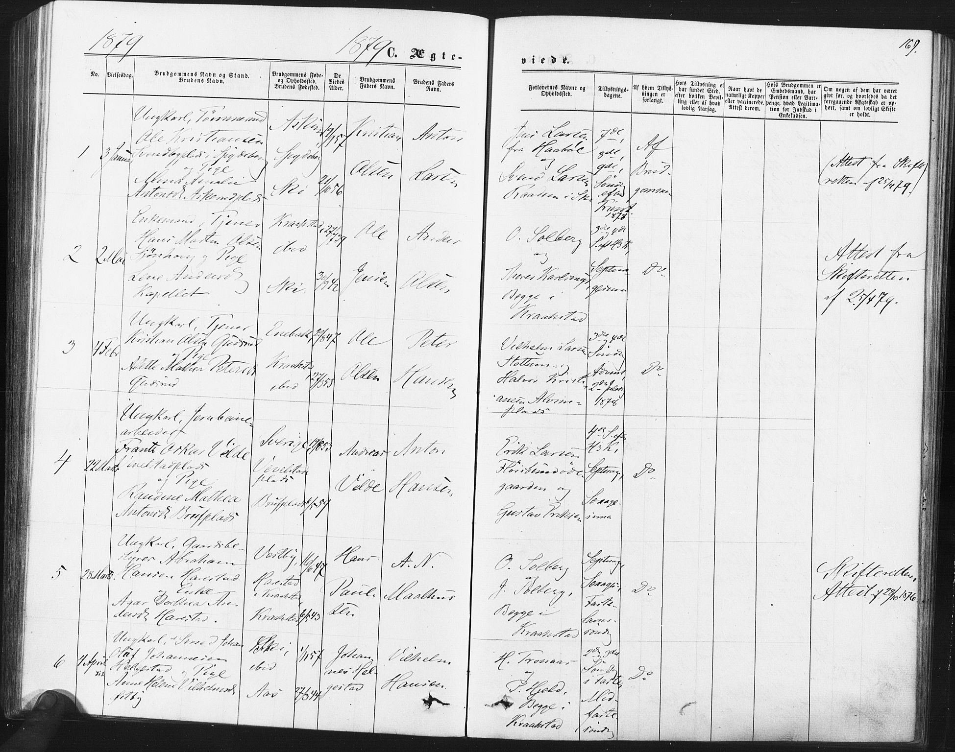 Kråkstad prestekontor Kirkebøker, AV/SAO-A-10125a/F/Fa/L0008: Parish register (official) no. I 8, 1870-1879, p. 169