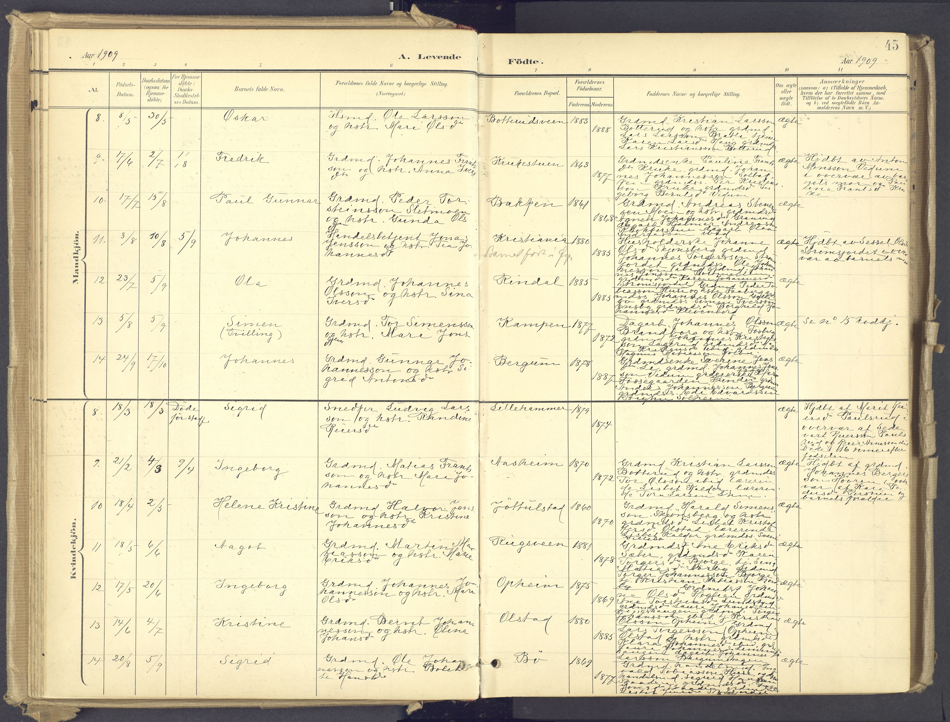 Øyer prestekontor, AV/SAH-PREST-084/H/Ha/Haa/L0012: Parish register (official) no. 12, 1897-1920, p. 45