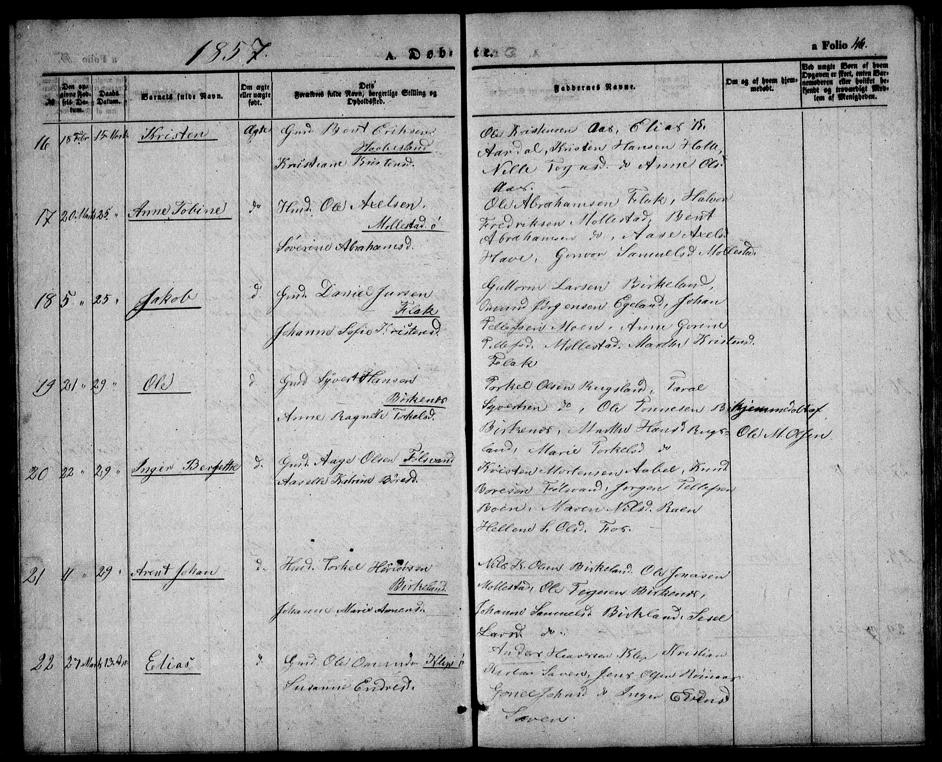 Birkenes sokneprestkontor, AV/SAK-1111-0004/F/Fb/L0002: Parish register (copy) no. B 2, 1849-1876, p. 46