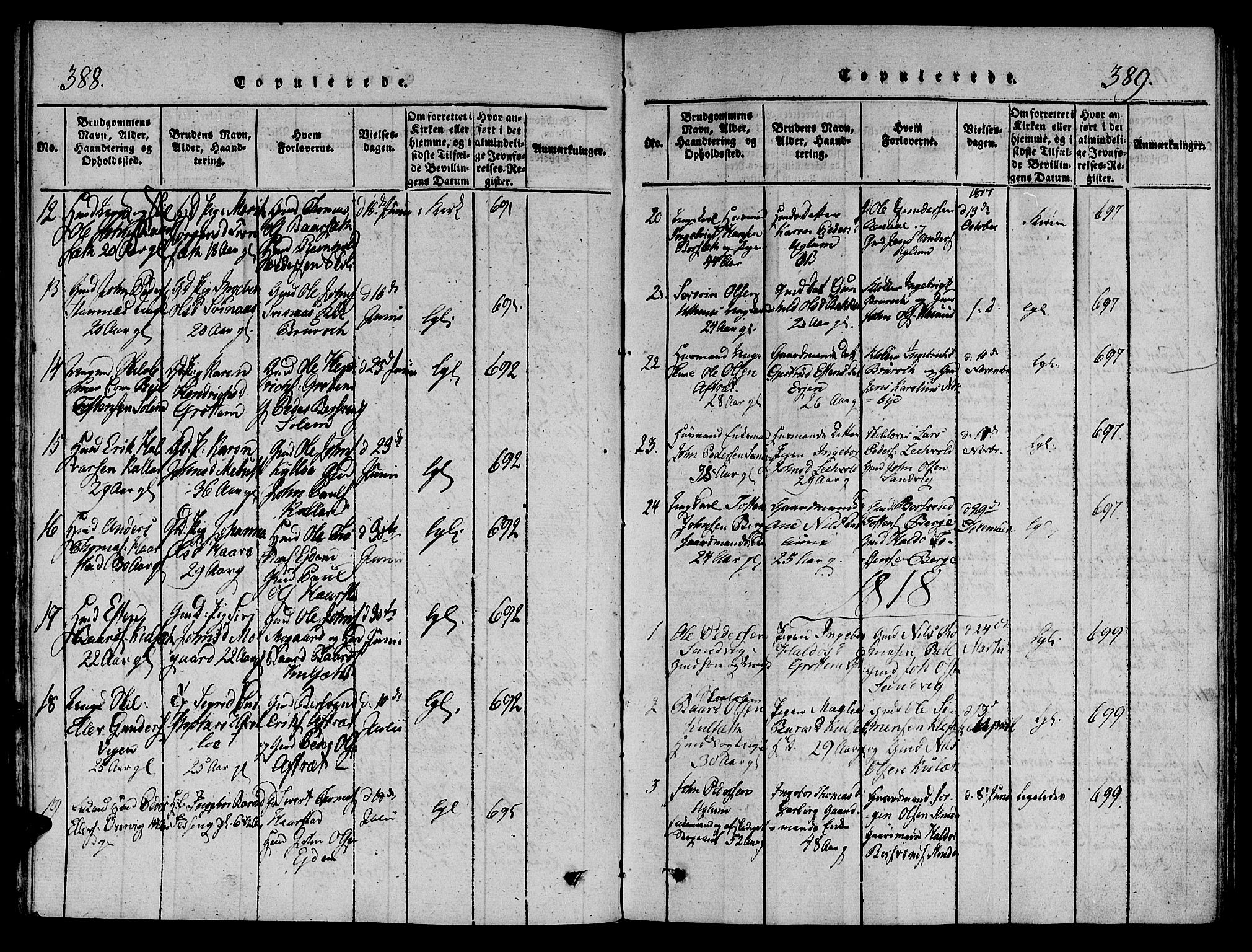Ministerialprotokoller, klokkerbøker og fødselsregistre - Sør-Trøndelag, SAT/A-1456/695/L1141: Parish register (official) no. 695A04 /1, 1816-1824, p. 388-389