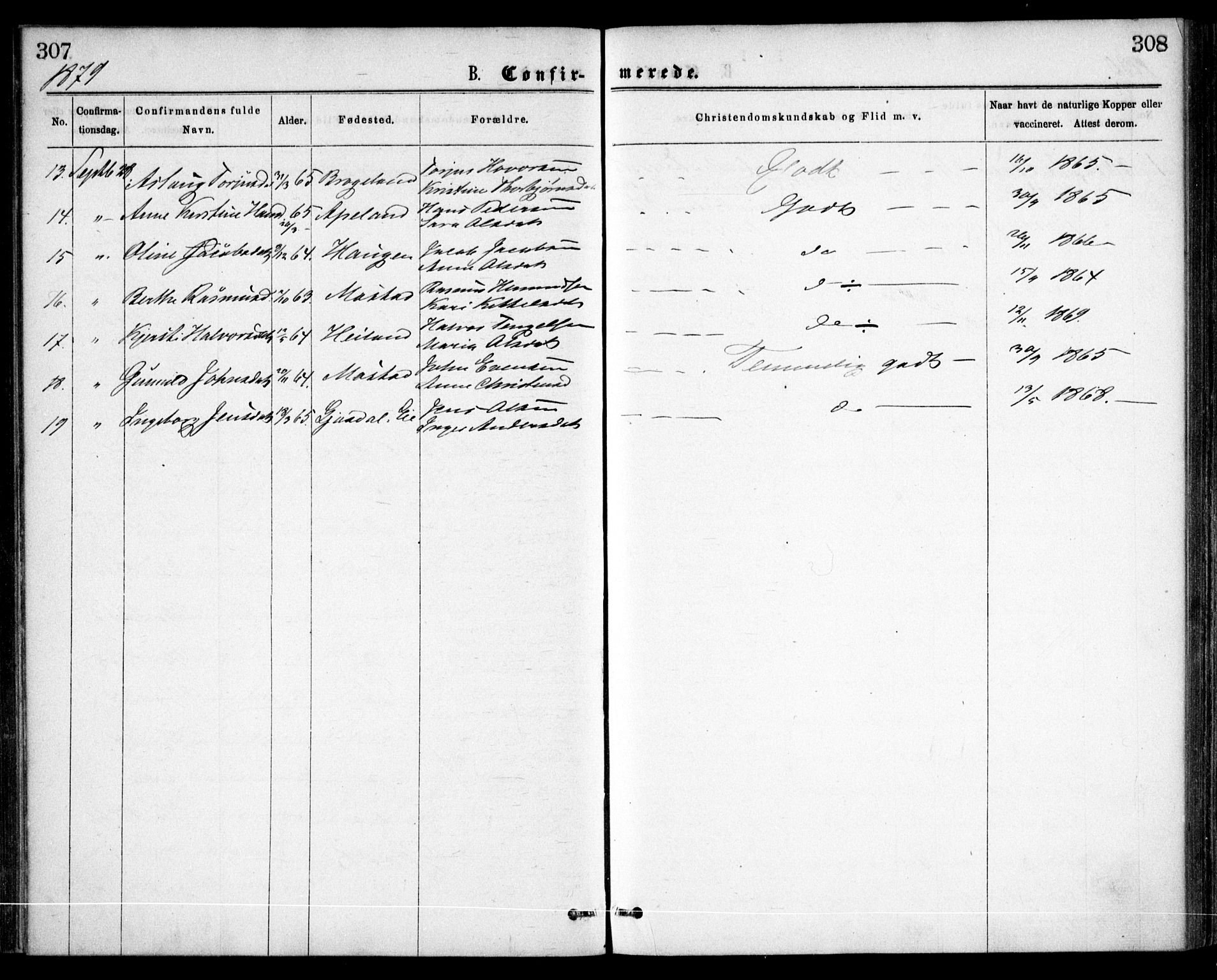 Gjerstad sokneprestkontor, AV/SAK-1111-0014/F/Fa/Faa/L0008: Parish register (official) no. A 8, 1876-1884, p. 307-308