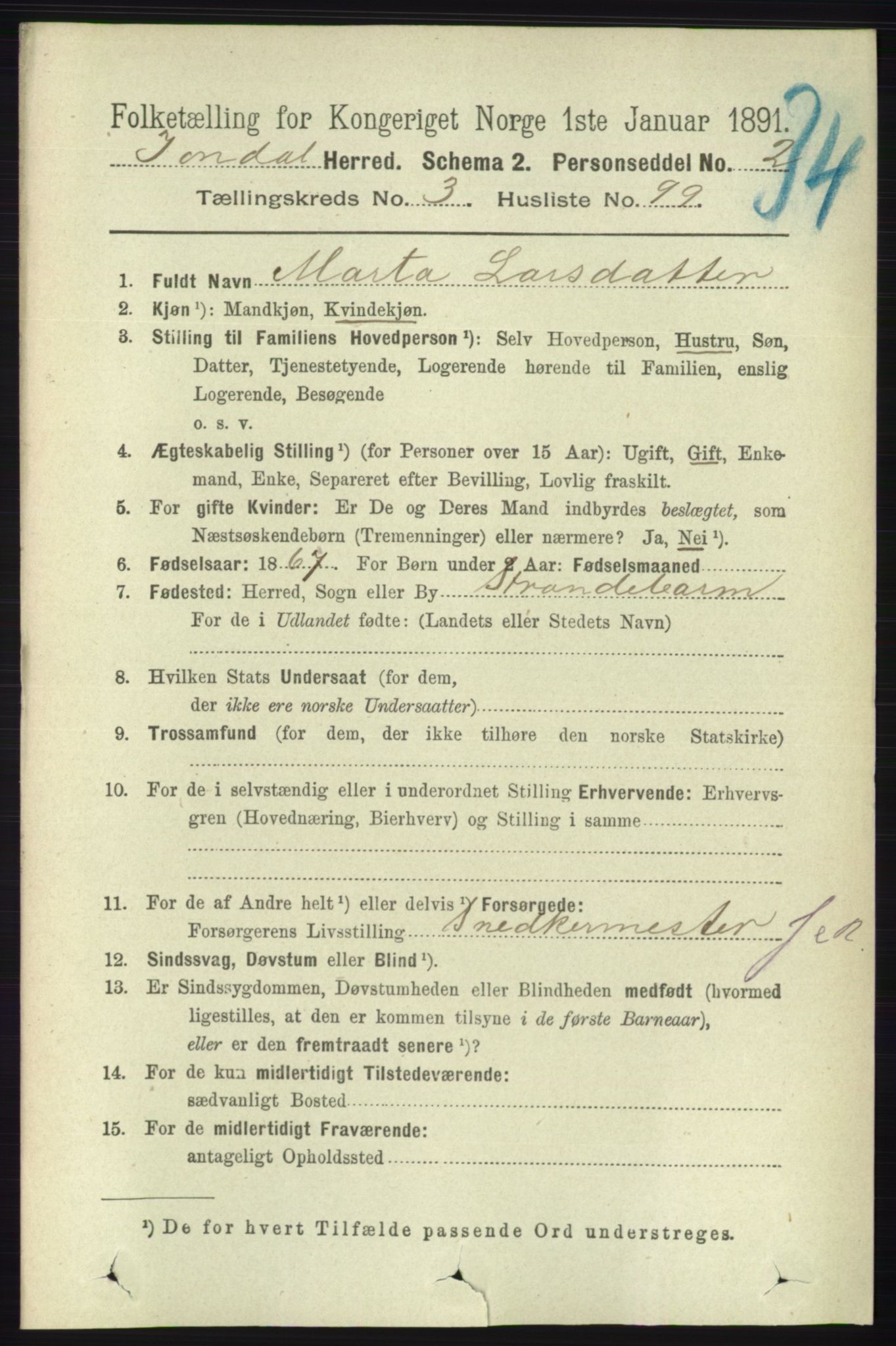 RA, 1891 census for 1227 Jondal, 1891, p. 1903