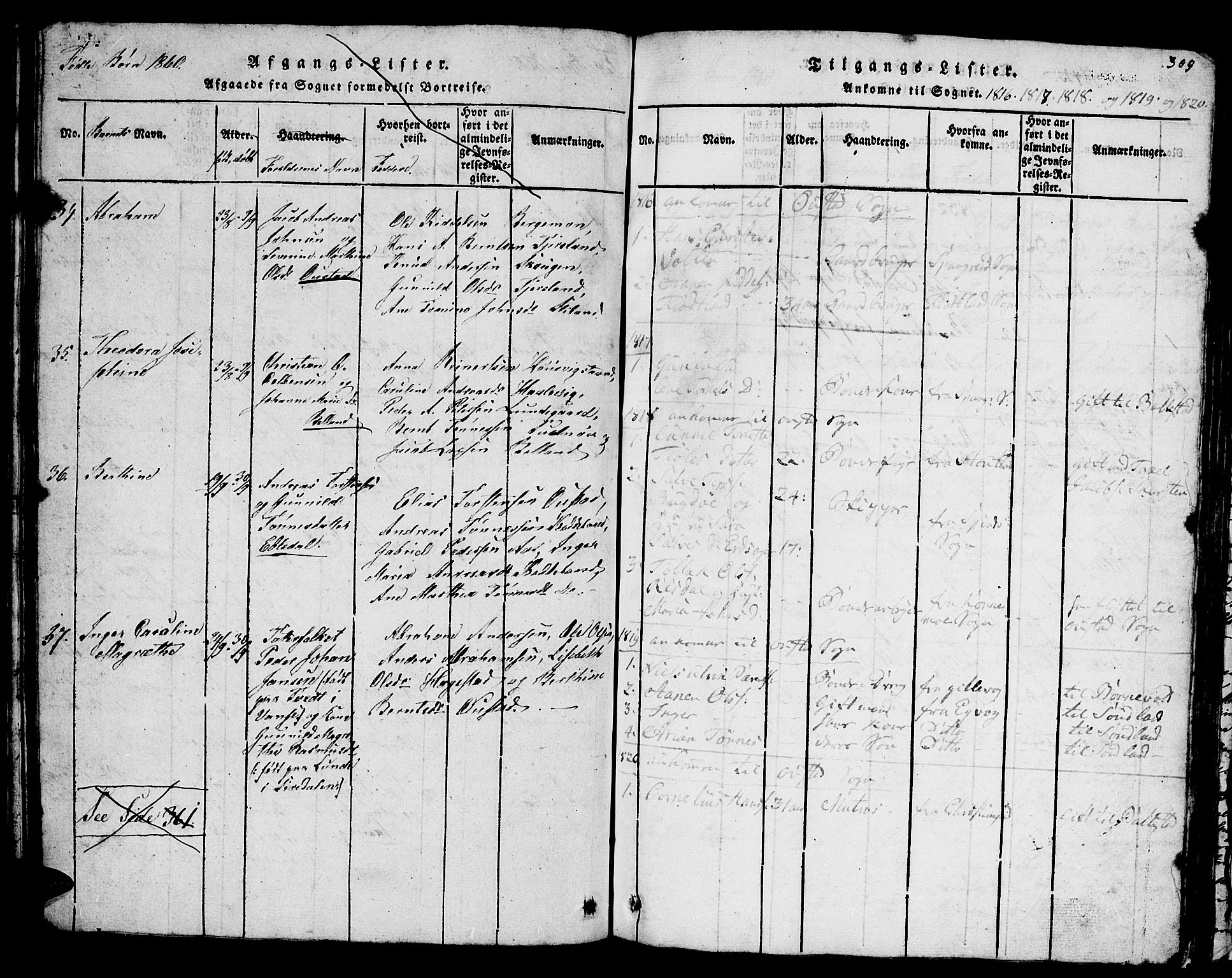 Lyngdal sokneprestkontor, SAK/1111-0029/F/Fb/Fba/L0001: Parish register (copy) no. B 1, 1816-1876, p. 309